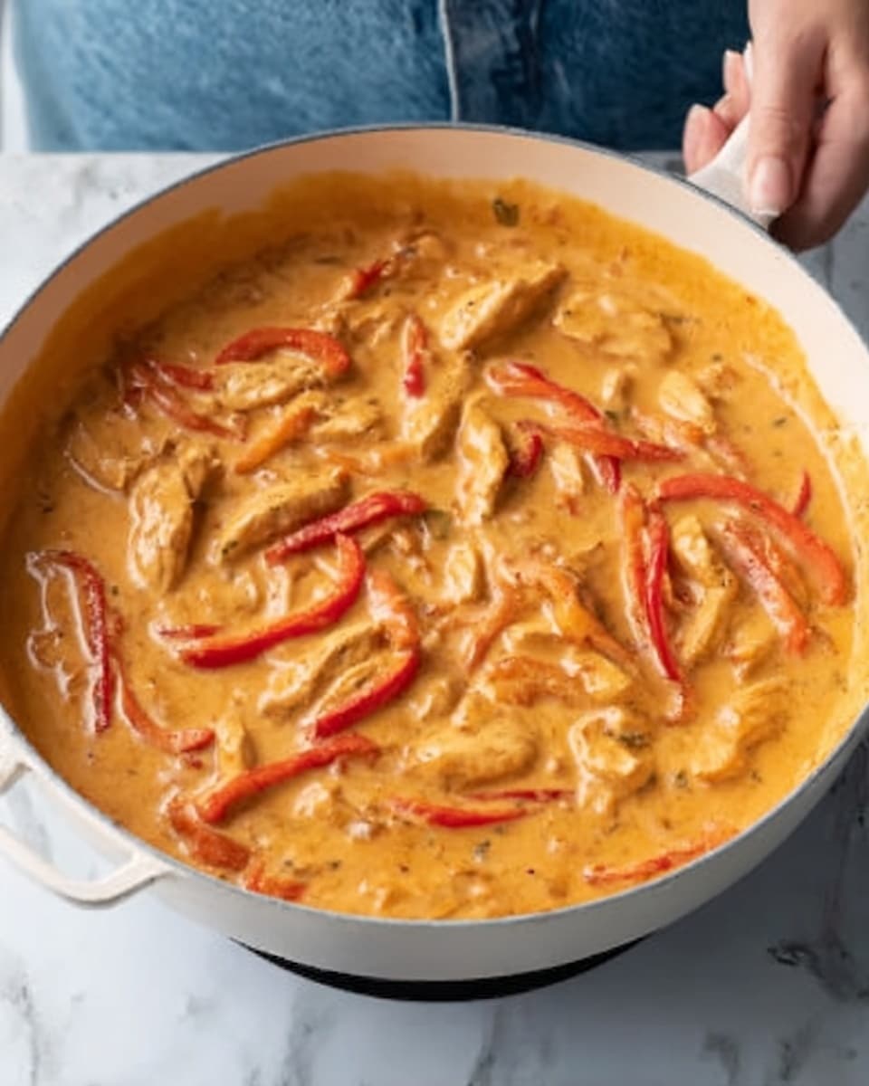 A white pan filled with a creamy orange sauce containing sliced pieces of cooked chicken and red bell pepper strips, all mixed evenly. The sauce looks thick and smooth, covering the chicken and peppers well. A woman's hand is holding the pan's handle, showing a glimpse of a blue jean outfit in the background. The pan is placed on a white stove with a glossy surface, and the background is a white marbled texture. photo taken with an iphone --ar 4:5 --v 7