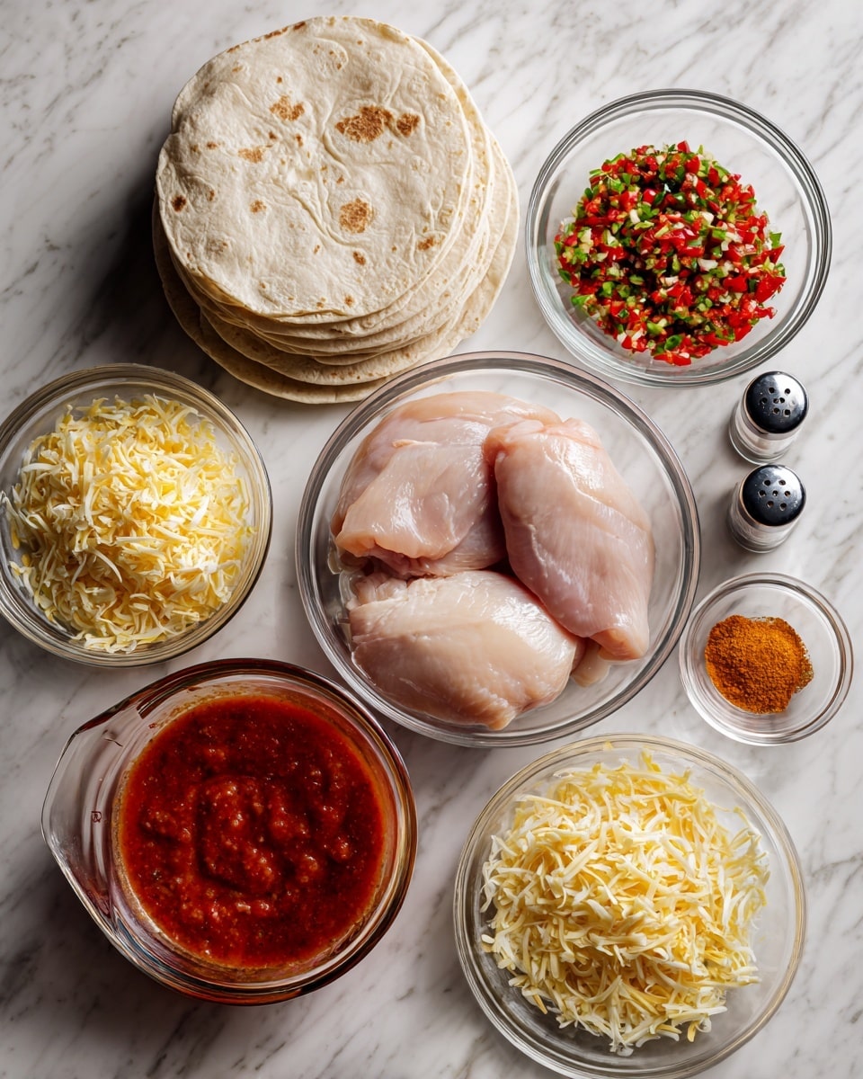 The image shows a white marbled surface with six clear glass bowls and two black-capped spice shakers arranged neatly. At the center is a medium clear glass bowl holding two raw pale pink chicken pieces with smooth texture. Above this bowl, a stack of light beige tortillas wrapped in plastic is placed. To the upper right of the chicken bowl is a small clear glass measuring cup filled with finely chopped red and green peppers. Below that, a tiny clear bowl holds a small amount of orange-colored spice powder. To the lower left of the chicken bowl, a large clear glass measuring cup contains bright red sauce. Finally, to the left side of the sauce, a medium clear glass bowl holds yellow and white shredded cheese. Photo taken with an iphone --ar 4:5 --v 7