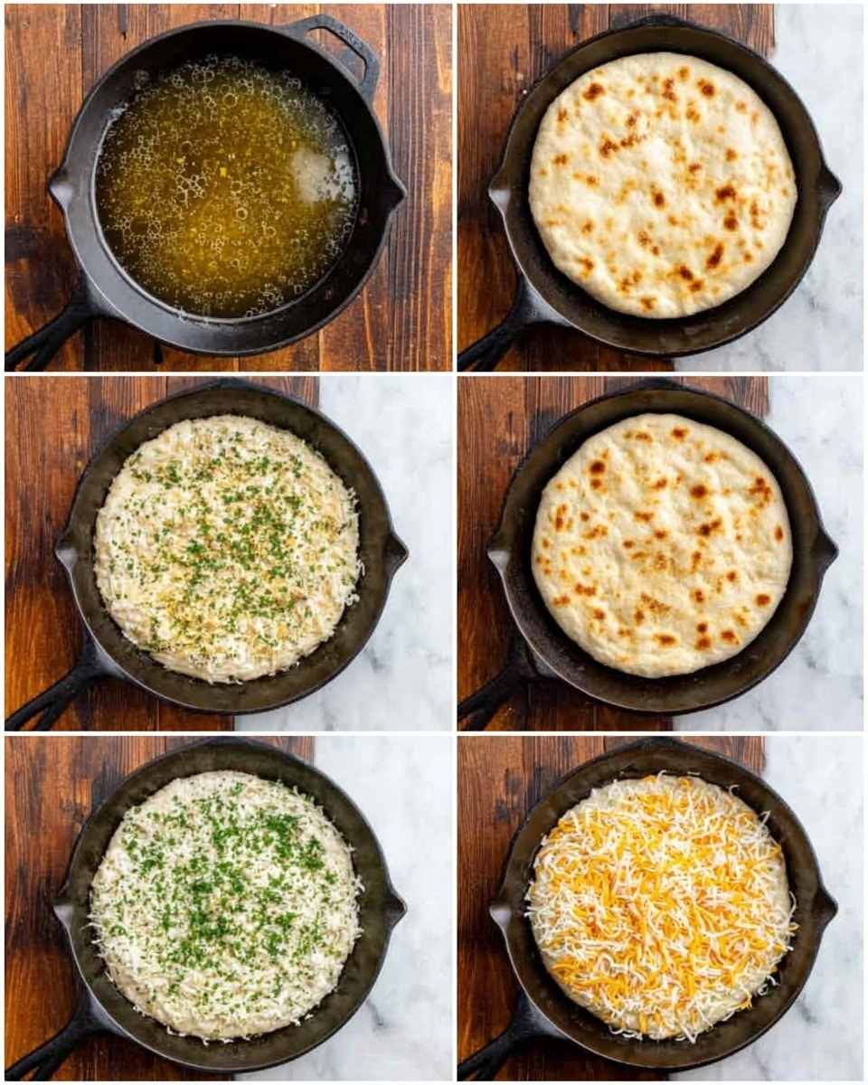 The image shows six stages of cooking a dish in a black cast iron skillet on a wooden surface, changed to a white marbled texture. In the first image, melted butter or oil glistens in the skillet, showing a golden-yellow liquid with small bubbles. The second and third images display the dough spread evenly in the skillet, thick and pale with a slightly rough texture, progressing to a golden brown top with small browned spots. The fourth and fifth images show the dough with a white creamy layer topped with chopped green herbs, evenly spread and smooth. The sixth image features a mix of shredded white and orange cheese sprinkled over the creamy herb layer, adding a bright and melted texture on top. Photo taken with an iphone --ar 4:5 --v 7
