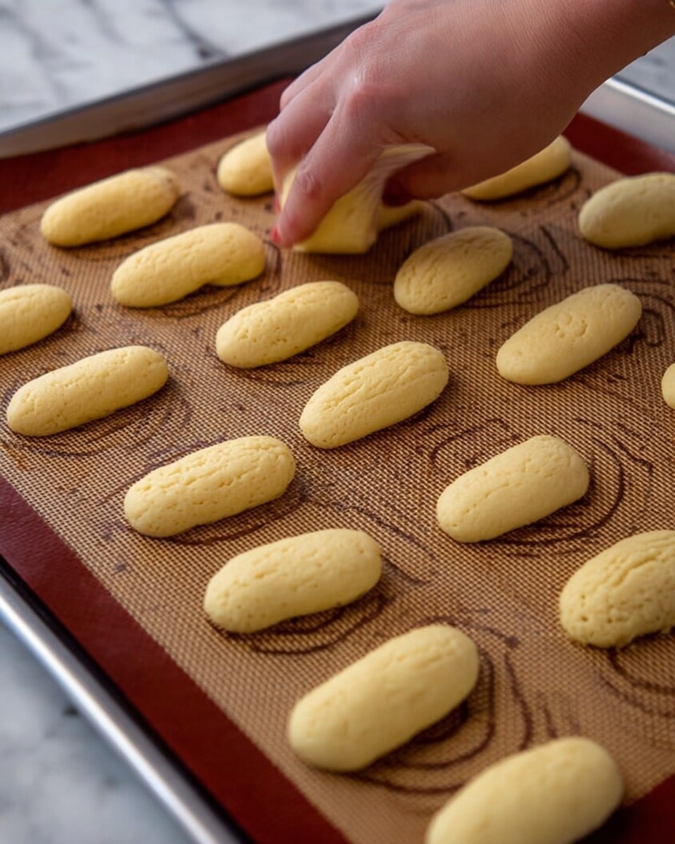 A close-up image shows a woman's hand squeezing light yellow dough from a pastry bag onto a baking tray lined with a brown silicone mat printed with dark circles. The dough pieces are shaped into small, elongated oval mounds placed in neat rows, evenly spaced on the tray. The texture of the dough looks smooth with some small air holes visible. The tray has a metal edge and is set on a white marbled surface in the background. photo taken with an iphone --ar 4:5 --v 7
