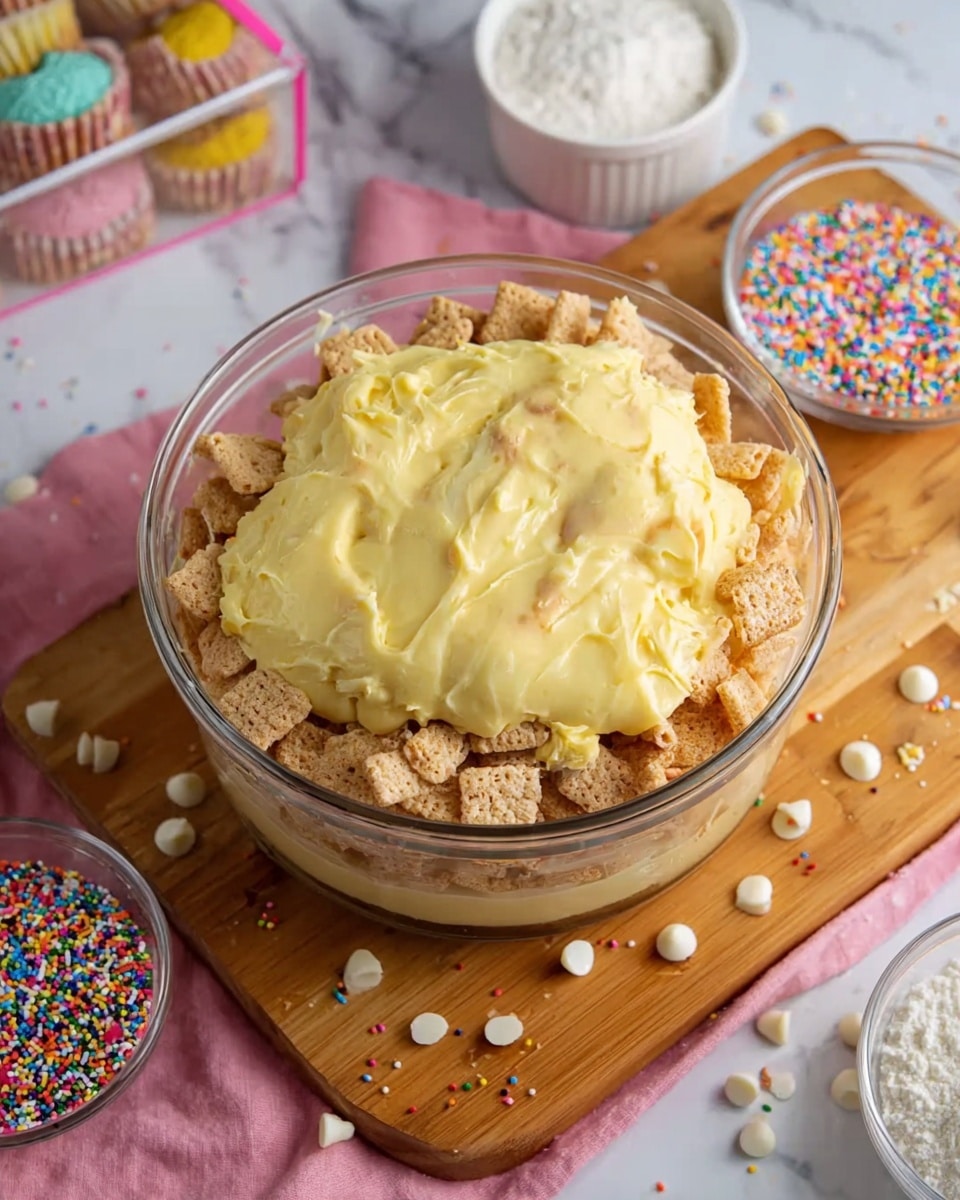 A clear glass bowl sits on a wooden board with a pink cloth underneath. Inside the bowl, there are two visible layers: the bottom layer is made of small square cereal pieces with a light brown color and a textured pattern, and on top of it is a thick, creamy yellow mixture that spreads unevenly over the cereal. Around the bowl, small white candy chips and colorful sprinkles are scattered on the wooden board and white marbled surface. To the side, there is a small clear bowl filled with multicolored sprinkles and a white bowl filled with white powdered sugar. A box with colorful cupcakes is partially visible in the background. photo taken with an iphone --ar 4:5 --v 7