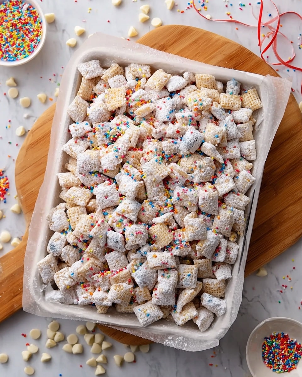 A large white tray lined with parchment paper is filled with square cereal pieces covered in white powdered sugar. The cereal is mixed with colorful rainbow sprinkles scattered throughout, adding bright spots of red, blue, yellow, and green. The tray rests on a wooden board, and small white chocolate chips and more sprinkles are scattered around on a white marbled surface. The overall look is festive and sweet with a soft, powdery texture on top. photo taken with an iphone --ar 4:5 --v 7
