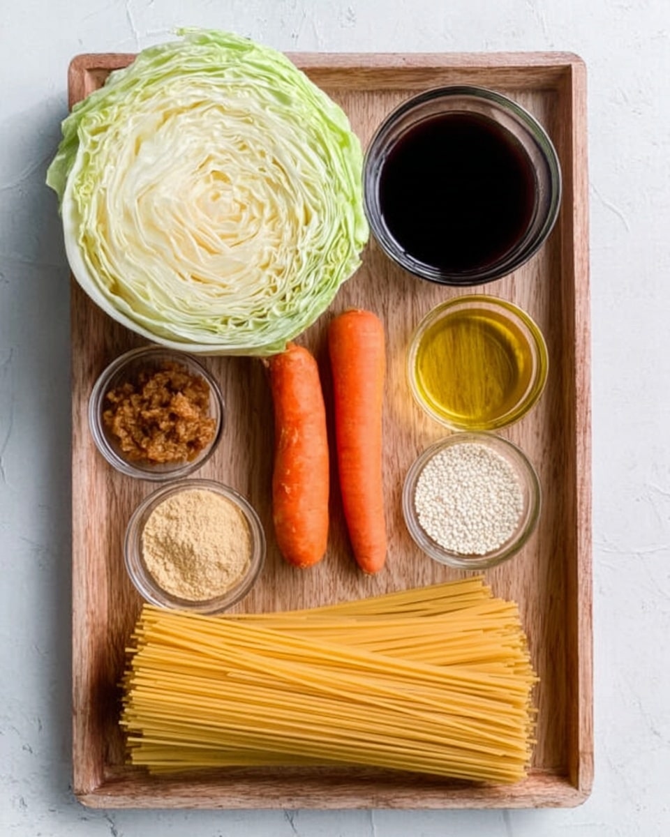 The image shows a wooden tray with various cooking ingredients neatly arranged on a white marbled surface. In the top left corner is a half cabbage with pale green and white leaves. Next to it is a clear glass cup filled with dark brown liquid, likely soy sauce. Below the cabbage are two whole carrots, bright orange and smooth. A small clear bowl of light brown powder is positioned near the carrots, and beside it is a small container of olive oil with a yellow-golden shine. At the bottom left edge of the tray is a light brown crumbly paste or sauce in a small clear bowl. A generous bundle of long, uncooked yellow pasta strands lies horizontally across the middle of the tray. Finally, near the pasta, there is a small bowl holding white sesame seeds. Photo taken with an iphone --ar 4:5 --v 7