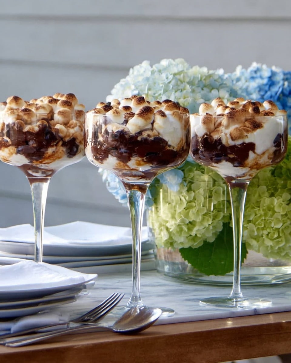 Three tall clear glass dessert cups are filled with a layered dessert. Each cup has a bottom layer of dark brown chocolate or beans, topped with a thick, melted white and light brown toasted marshmallow layer. The cups are placed in a row on a wooden table, with part of a white plate, silver fork, and knife partially visible on the left. Behind the glasses, a clear round vase holds bright green and blue hydrangea flowers. The surface is a white marbled texture. photo taken with an iphone --ar 4:5 --v 7