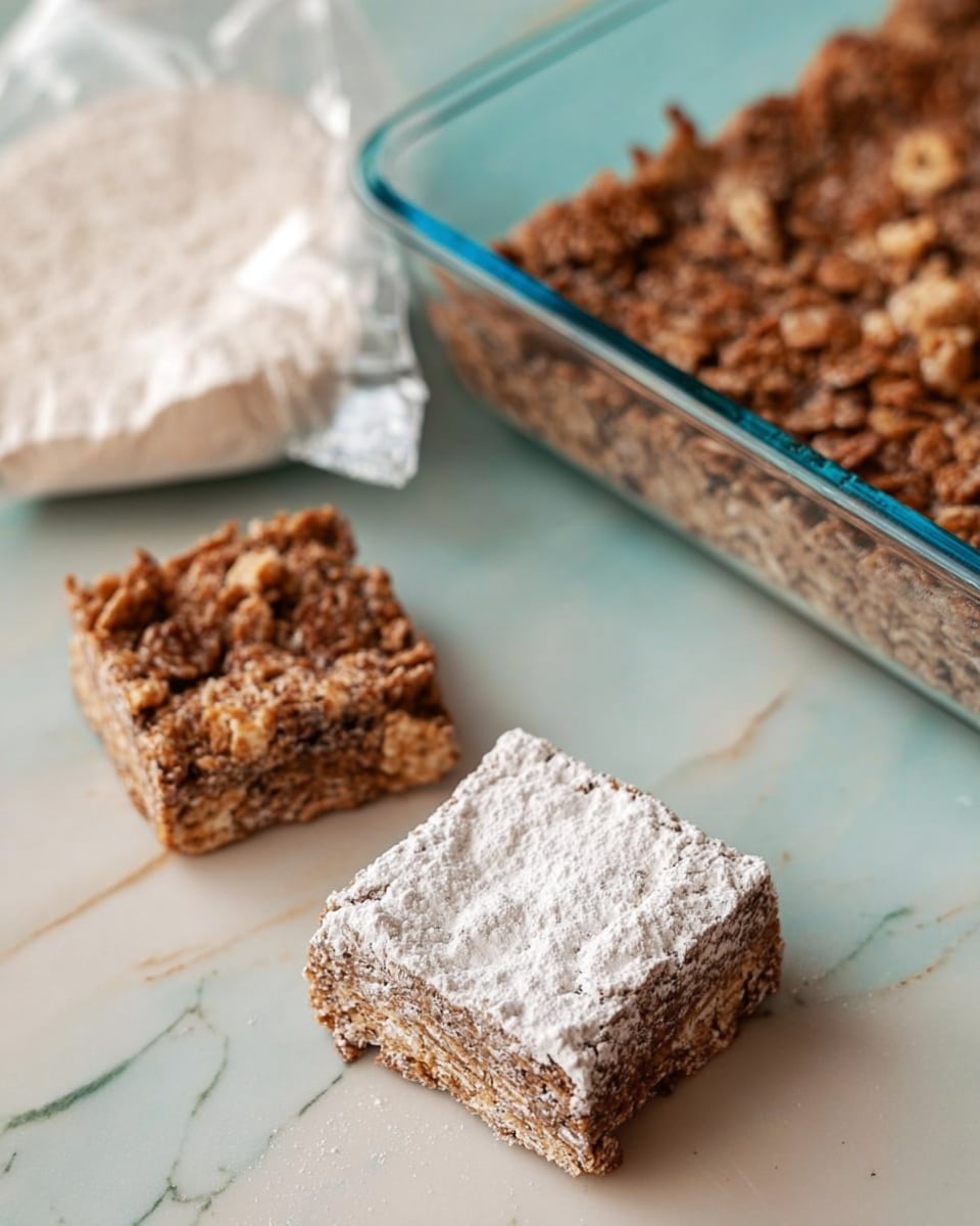 The image shows two square cereal bars placed on a white marbled surface. The cereal bars have a textured top layer made of light brown and darker brown cereal pieces mixed together, creating a rough and crumbly appearance. One cereal bar is plain, while the other is covered with a fine layer of white powdered sugar, giving it a soft, powdery look. A clear square glass baking dish with more cereal bars inside sits in the top right corner, showing the same textured top layer. To the left, there is a partially opened clear plastic bag containing white powdered sugar. The scene is lit softly, and the focus highlights the detailed texture of the bars. photo taken with an iphone --ar 4:5 --v 7