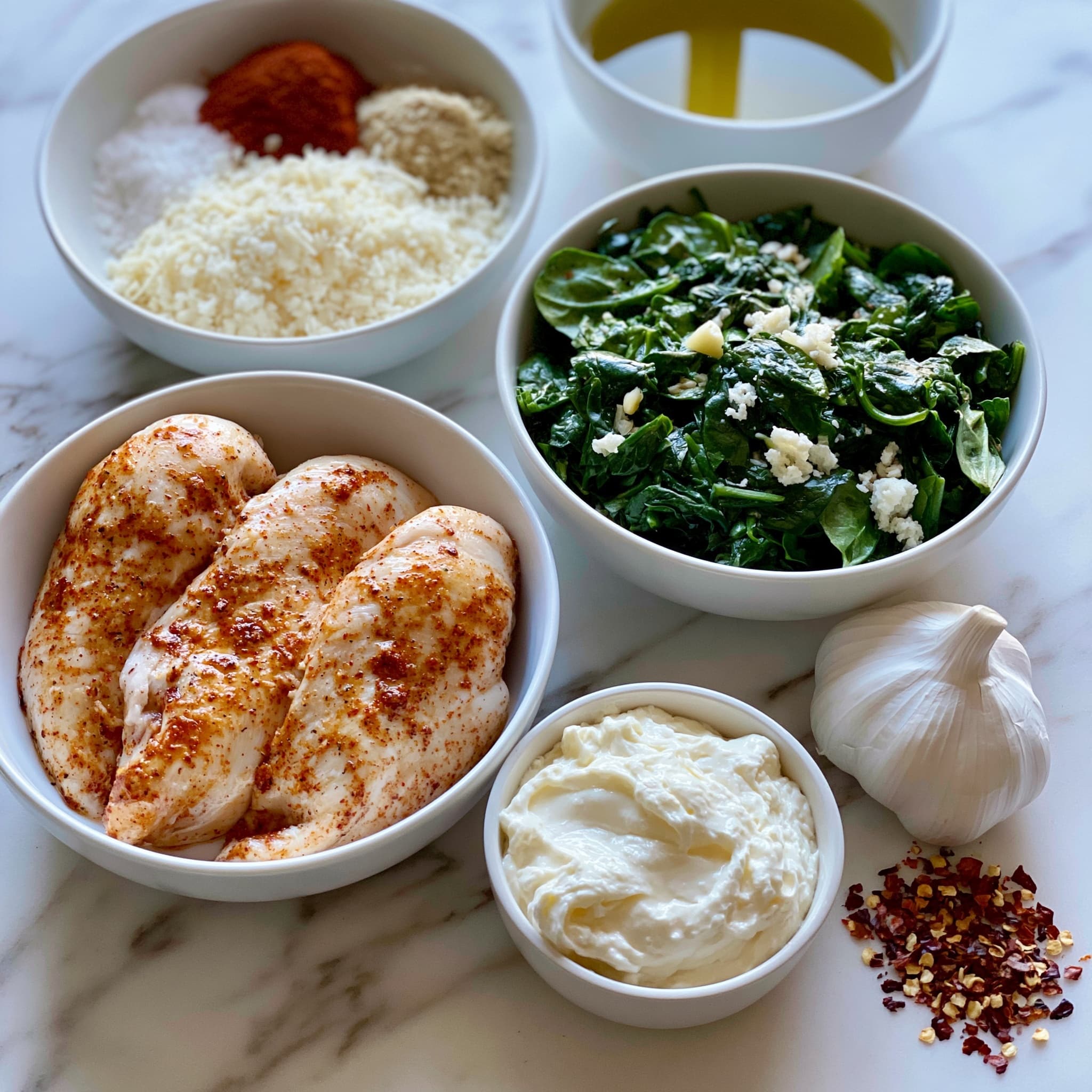 The image shows three stuffed chicken pieces in a white baking dish on a white marbled surface. Each piece is golden brown on the outside with a slightly crispy texture and is stuffed with a creamy mixture of green spinach and white cheese filling that is visible from the sides. The chicken looks juicy with some areas showing light caramelization. The top surface of the chicken has a warm, lightly browned color with some specks of spice. The baking dish has a glossy finish, and some golden cooking juices are pooled around the chicken, adding a shiny and appetizing look. Photo taken with an iphone --ar 4:5 --v 7