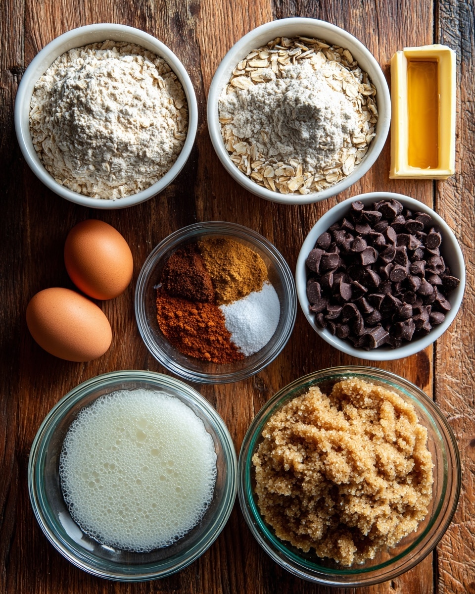 The image shows various ingredients for baking arranged neatly on a wooden surface. There are two white bowls filled with oats on the top left and all-purpose flour on the bottom left, both with a slightly coarse texture. A clear glass bowl on the bottom right holds light brown sugar with a grainy, crumbly look. Near the center, a small clear bowl contains a mix of cinnamon powder, salt, and baking soda, presenting a mix of orange-brown, white, and light brown shades. Two brown eggs are placed on the left side near the oats. A white container with sourdough discard, frothy and bubbly, is on the lower right part near the brown sugar. A small clear container holds a golden-yellow liquid vanilla extract. At the top right, a measuring cup filled with dark chocolate chips with a matte texture and a stick of butter in wrapper sit nearby. Everything is on a white marbled textured surface. photo taken with an iphone --ar 4:5 --v 7