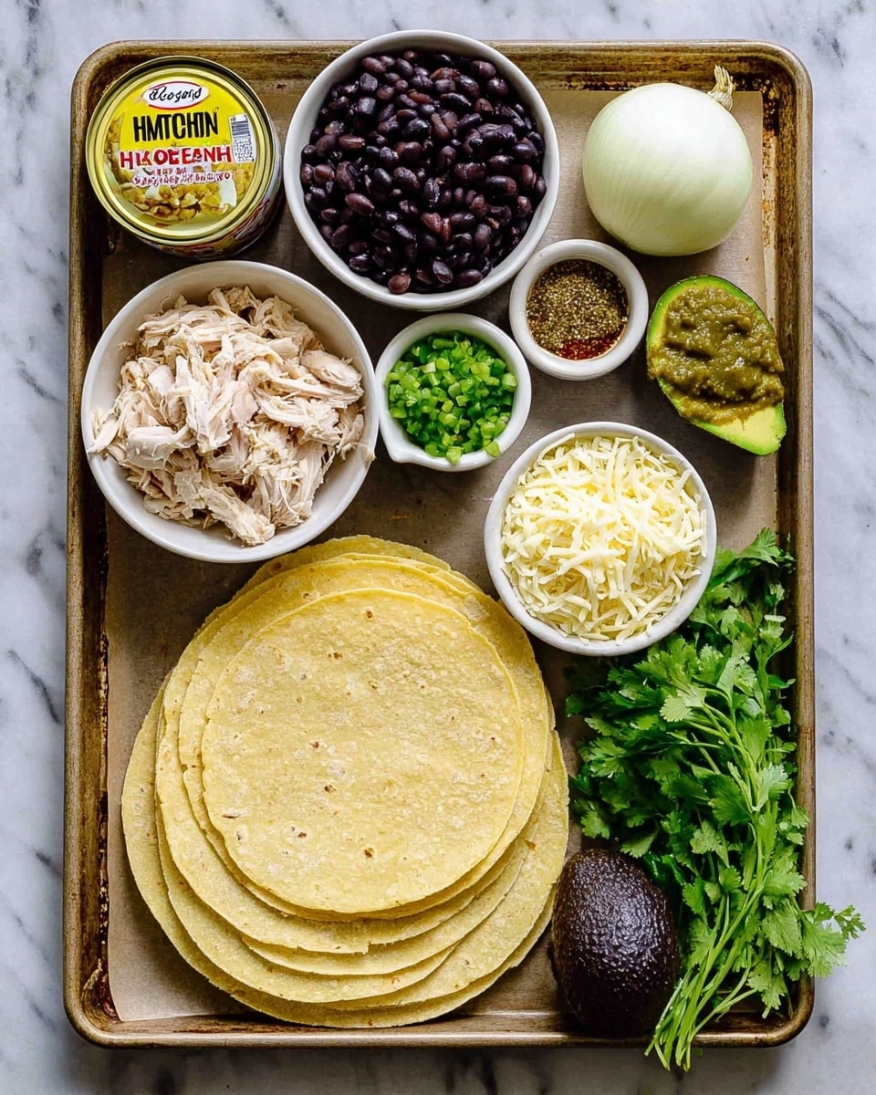The image shows a baking tray with several bowls and ingredients neatly arranged on it, placed on a white marbled surface. There are seven stacked light yellow corn tortillas in the center bottom of the tray. To the left of the tortillas, there is a yellow can of green chile enchilada sauce. Above the tortillas are five small white bowls: shredded pale beige chicken at top left, dark black beans in the middle, bright green chopped green chiles at the bottom left, white shredded cheese top right, and greenish-brown spices in the middle top. To the right of the tortillas is a dark purple avocado and a bunch of fresh green cilantro with stems. Resting at the very top right corner of the tray is a whole white onion. The overall look is clean with contrasting colors of the ingredients. photo taken with an iphone --ar 4:5 --v 7