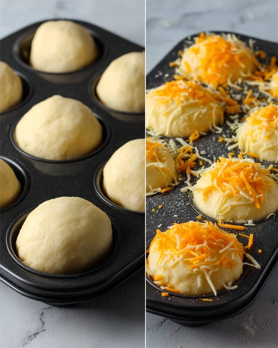 The image shows two close-up views of dough balls inside a black muffin tray placed on a white marbled surface. On the left side, the dough balls are smooth and pale beige, rounded evenly and filling each cup of the tray. On the right side, the dough balls have been brushed lightly with a yellowish glaze and are topped with two layers of shredded cheese: a pale yellow cheese layer underneath and a few shreds of bright orange cheese on top. The tray is slightly oily and has tiny crumbs scattered around the dough cups. photo taken with an iphone --ar 4:5 --v 7