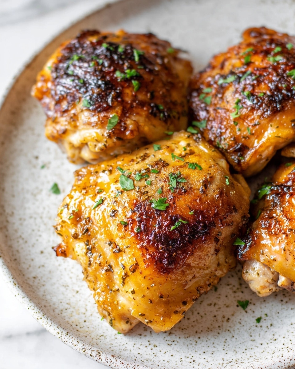 Three golden brown baked chicken thighs with a crispy, textured skin showing darker browned spots on top are placed close together on a white speckled plate. The chicken is sprinkled with small pieces of fresh green herb, adding color contrast. The plate sits on a white marbled surface, and soft natural light highlights the shiny, slightly oily texture of the chicken skin. Photo taken with an iphone --ar 4:5 --v 7