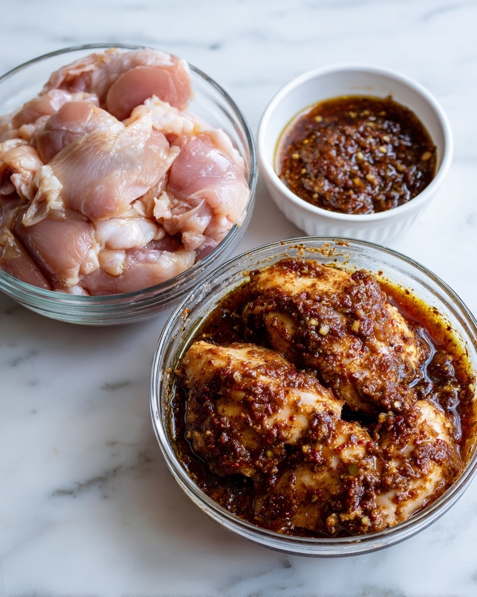 The top layer shows raw chicken pieces placed in a clear glass bowl on a white marbled surface, with a small white bowl full of dark brown jerk paste next to it; the chicken is light pink with skin visible, and the jerk paste looks thick and coarse. The bottom layer shows the same clear glass bowl, now covered with plastic wrap, containing the chicken fully coated in the dark brown jerk paste with visible spices and a wet texture, resting on the same white marbled surface. photo taken with an iphone --ar 4:5 --v 7