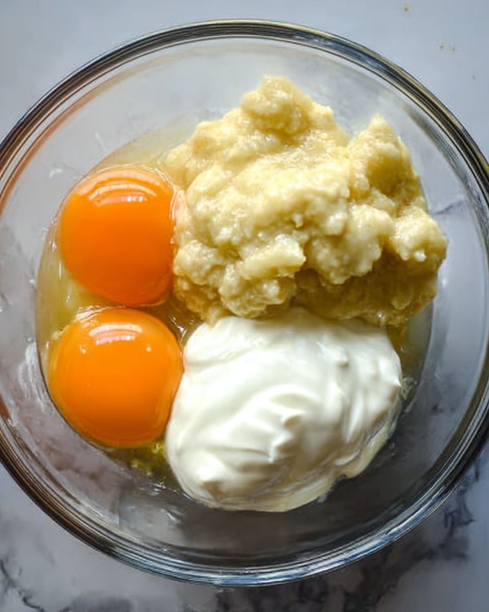 A clear glass bowl sits on a white marbled surface, filled with three main layers of ingredients. On the left side, two bright orange egg yolks rest with their smooth, round shapes visible. Next to them is a large scoop of mashed bananas, pale yellow with a soft, slightly chunky texture. To the right, a generous spoonful of thick white yogurt sits with a creamy and smooth appearance. The different colors and textures are distinct but close together in the bowl. Photo taken with an iphone --ar 4:5 --v 7