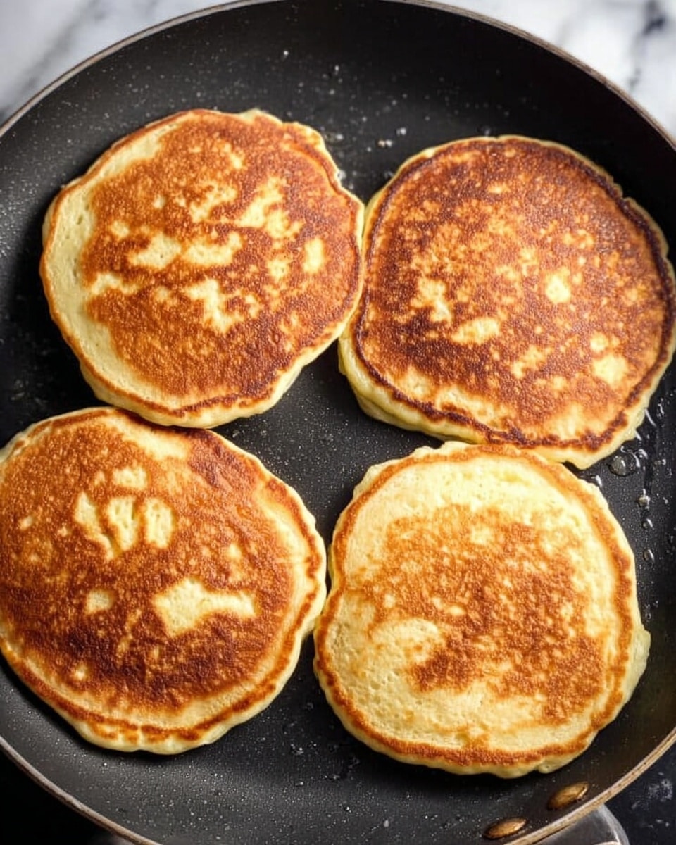 The image shows four thick, round pancakes cooking in a black non-stick pan. Each pancake has a golden-brown top with uneven patches of lighter yellow where the batter has cooked differently. The edges of the pancakes are slightly rough but well-formed, with a soft and fluffy texture visible. The pancakes are evenly spaced in the pan, which has a few small oil spots and slight browning marks. The background is a white marbled texture. photo taken with an iphone --ar 4:5 --v 7