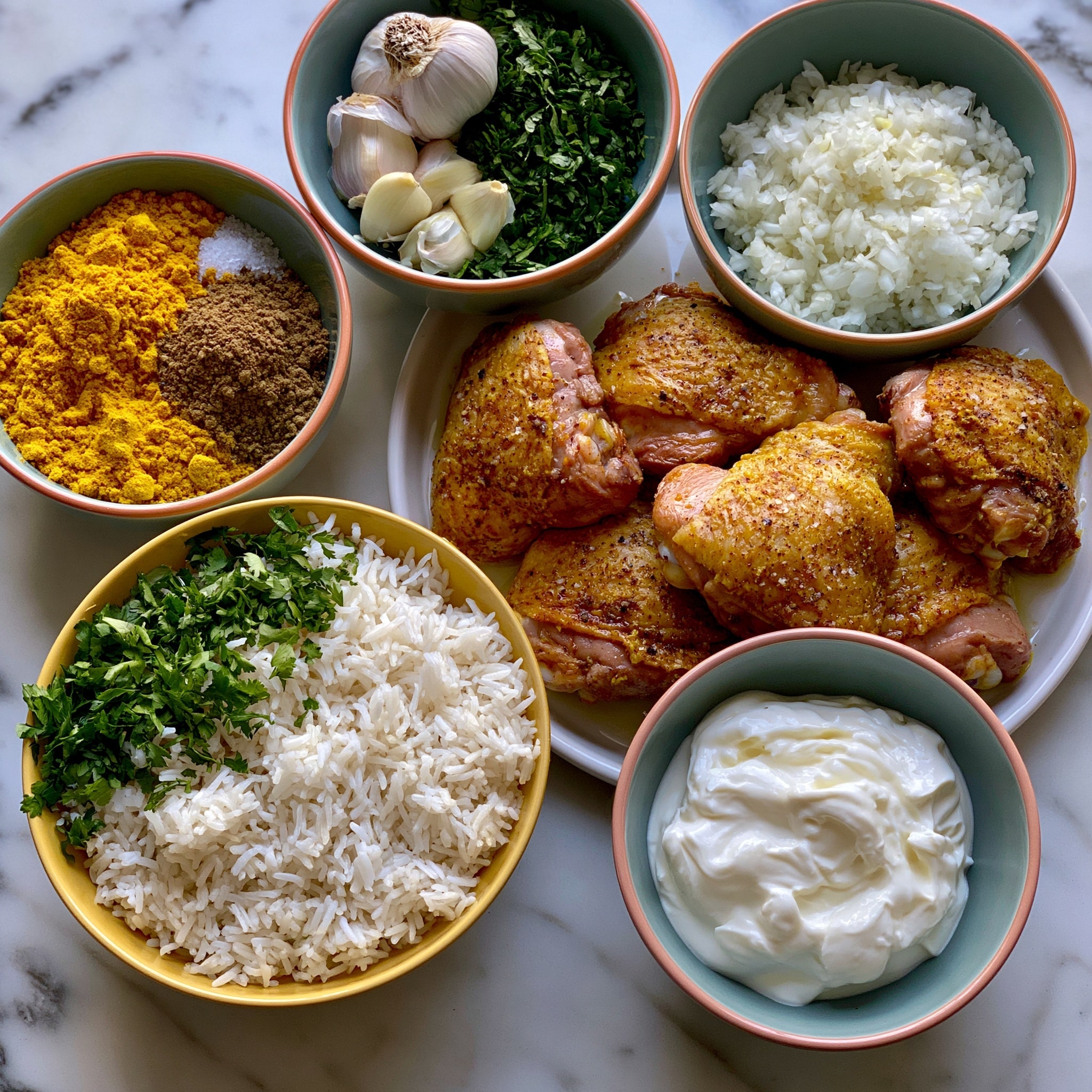 The image shows a close-up of a white plate with a blue dotted pattern, filled with a bed of yellow, spiced rice that looks fluffy and well-cooked. On top of the rice lies a single piece of cooked chicken with a lightly browned and slightly crispy skin, with visible spices giving it a rich texture. A bright green parsley leaf sits on the chicken as a fresh garnish, and small bits of green herbs are scattered on the rice. The plate sits on a white marbled surface, adding a clean, elegant background. photo taken with an iphone --ar 4:5 --v 7