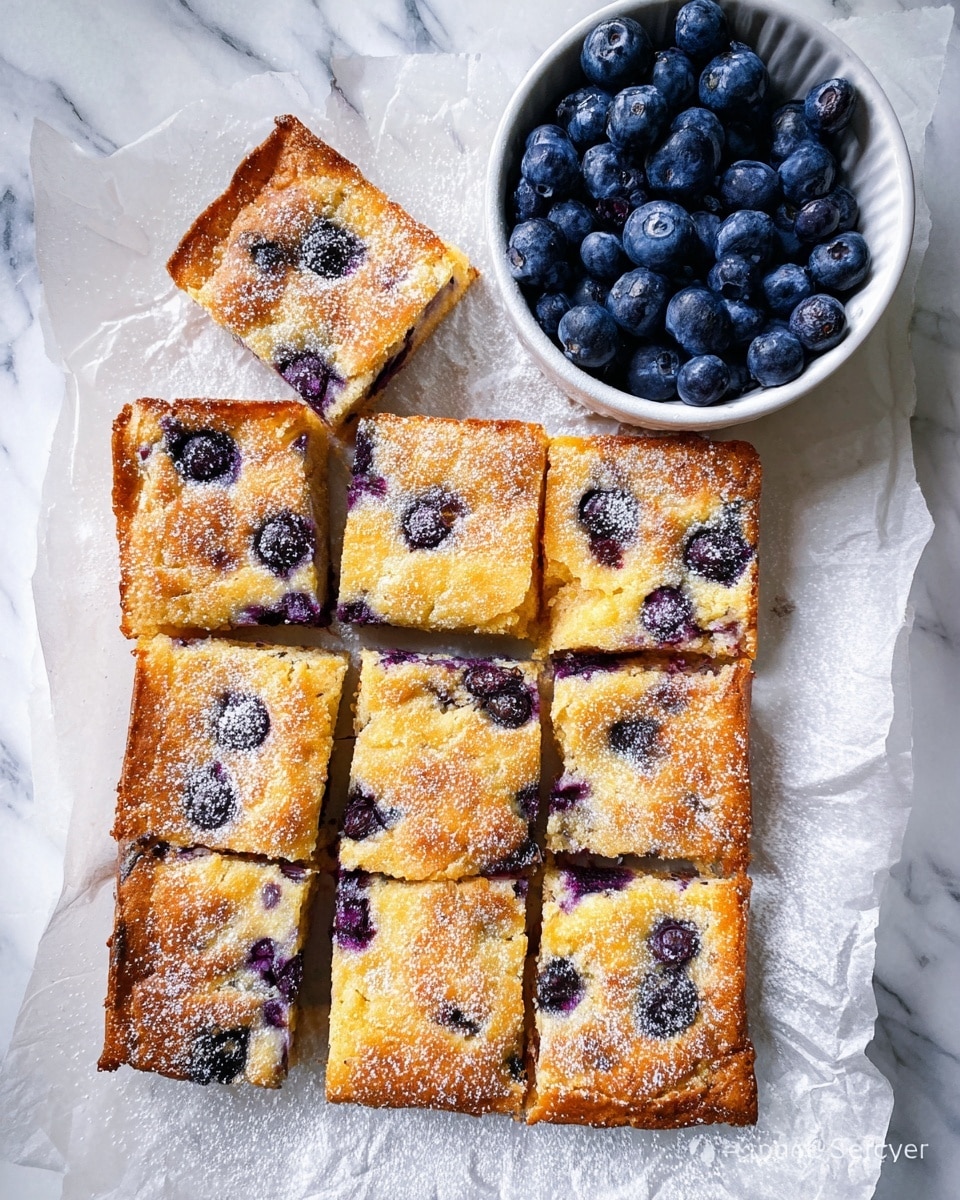 The image shows a baked golden-brown blueberry dessert cut into nine square pieces arranged on white parchment paper. Each piece has visible blueberries, some slightly sunken into the soft surface, with a light dusting of powdered sugar on top. The colors include golden yellow with dark purple-blue spots from the blueberries. Above the dessert, there is a white bowl filled with fresh blueberries, adding a dark blue contrast. The setup is on a white marbled surface which adds brightness to the scene. Photo taken with an iphone --ar 4:5 --v 7