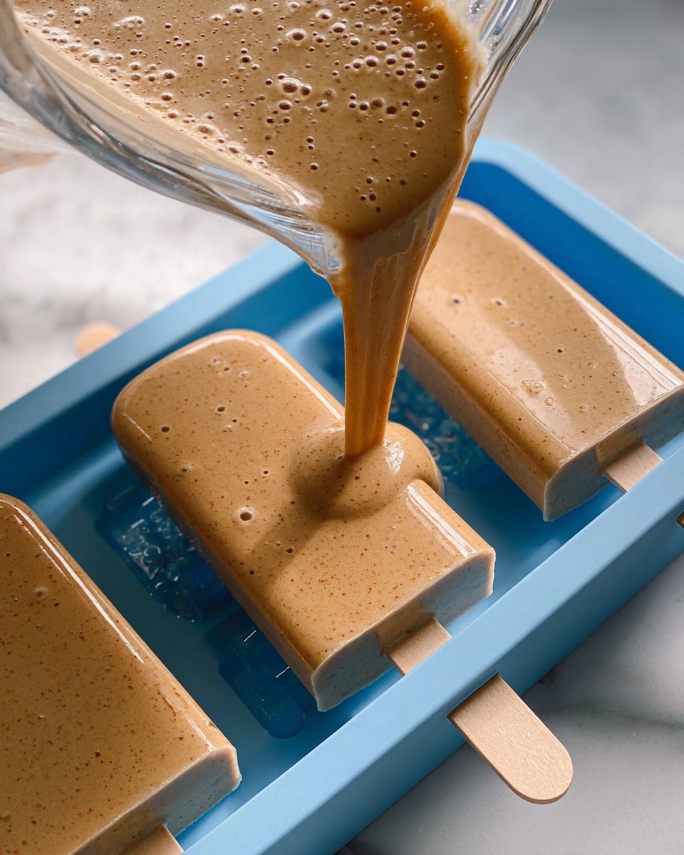 A thick, light brown mixture with small bubbles is being poured from a clear container into a blue silicone mold shaped like popsicles. The mold has wooden sticks inserted in each slot, and two of the popsicle shapes are already filled with the same mixture. The smooth surface of the mixture catches the light, showing a slightly shiny and creamy texture. The mold is placed on a white marbled surface, with soft shadows enhancing the scene. Photo taken with an iphone --ar 4:5 --v 7