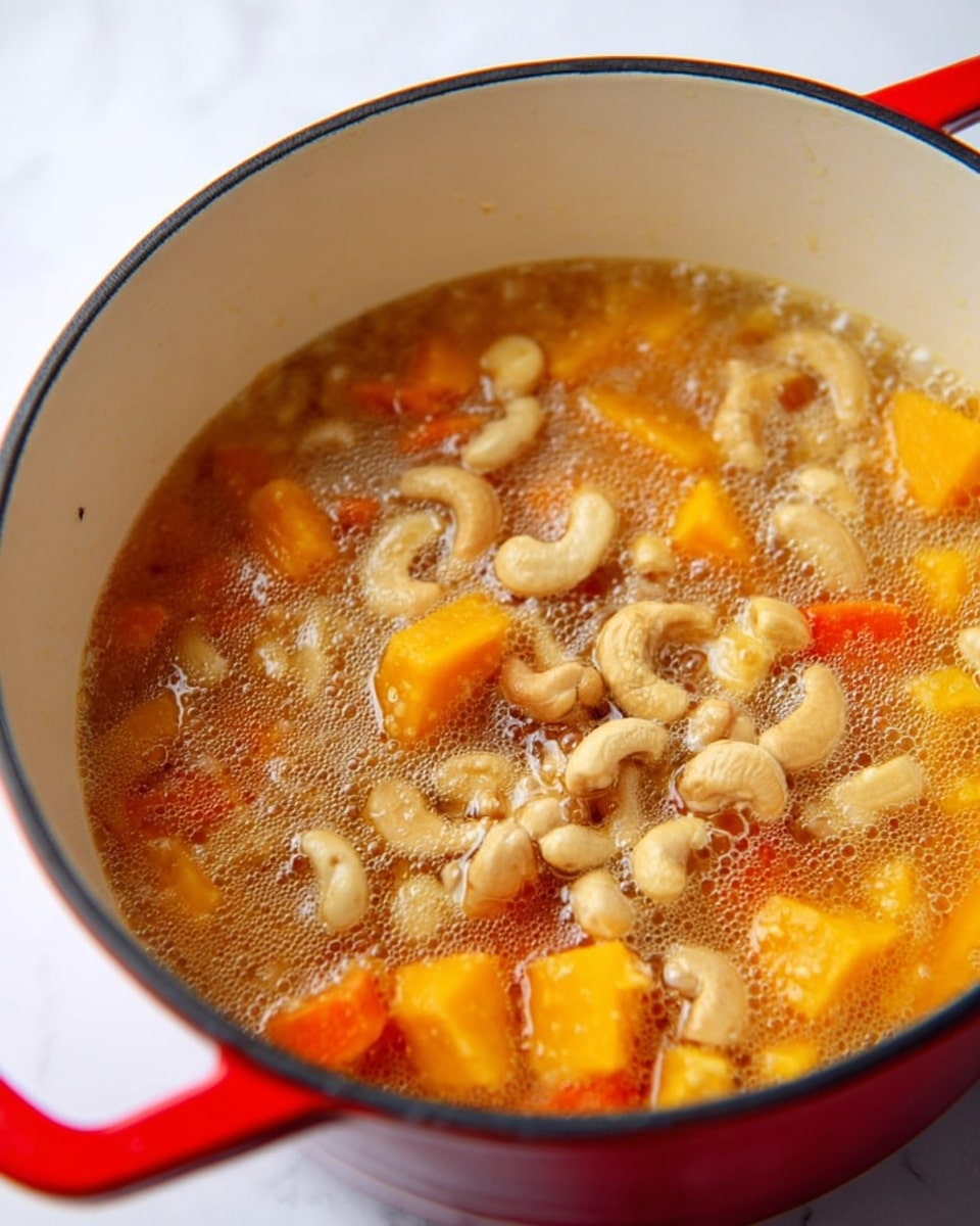 A close-up view of a red-handled white pot filled with a clear broth soup containing visible large pieces of orange squash and light beige cashews floating on top. The broth has small oil bubbles scattered across the surface, giving it a shiny texture. The pot sits on a white marbled surface, creating a clean and bright background. photo taken with an iphone --ar 4:5 --v 7