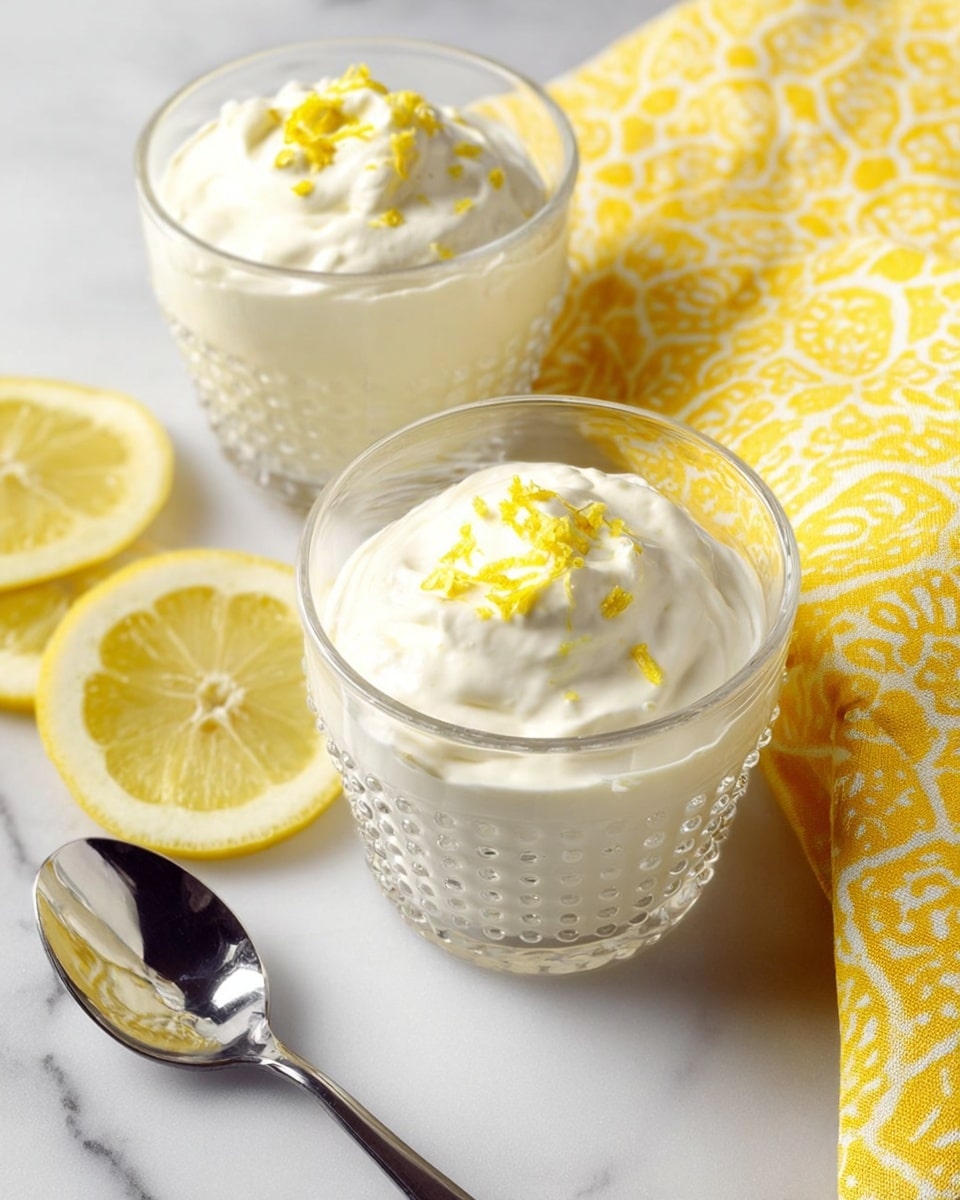 Two clear glass cups with small round patterns hold a soft, white creamy dessert that has a light, whipped texture. Each cup is topped with small yellow lemon zest pieces scattered unevenly on the smooth surface. Three lemon slices sit on the white marbled surface beside the cups. A shiny metal spoon lies nearby, featuring reflective highlights. A bright yellow cloth with a white circular pattern is folded in the background. The arrangement is clean and fresh, with a bright natural light. Photo taken with an iphone --ar 4:5 --v 7