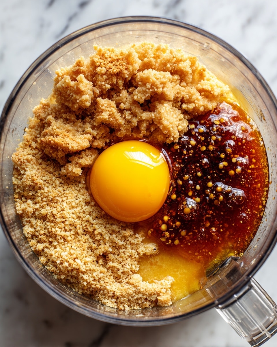 A clear food processor bowl shows four main layers inside: on the left is a crumbly light brown dry mix forming uneven chunks, on the top is a whole raw egg yolk with a smooth, bright yellow surface, on the right is a shiny amber liquid spread unevenly with small bubbles and clumps, and a thick golden syrup pooling near the bottom edge. A woman's hand is holding the food processor handle on the lower right. The bowl sits on a white marbled surface. Photo taken with an iphone --ar 4:5 --v 7