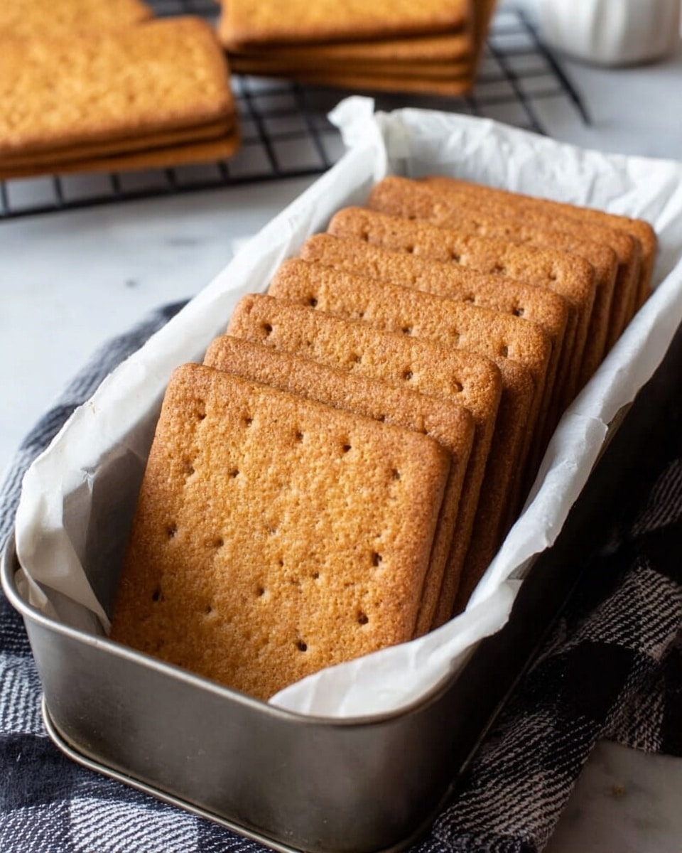 A metal loaf pan lined with white parchment paper holds a neat stack of seven rectangular golden-brown crackers standing vertically. The crackers have a slightly rough texture with small indentations arranged in rows on the top surface. The loaf pan is placed on a white marbled surface with a black and white checkered cloth partly visible underneath. In the background, there are more crackers and a baking rack. The lighting is soft, showing the warm color and texture of the crackers clearly. photo taken with an iphone --ar 4:5 --v 7