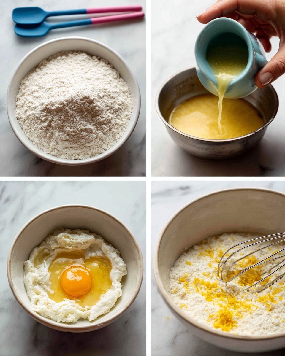 The image shows four steps of making small round cakes. In the top left corner, a black muffin tray holds light brown cake batter filled in each cup. The top right corner shows a white bowl with white powdered sugar, yellow lemon zest, and liquid mixed together. In the bottom left, a woman's hand is dipping a small round golden-brown cake into the white bowl with the glaze, next to a black cooling rack holding more cakes on a white marbled surface. The bottom right shows three shiny, glazed golden cakes upside down on the black cooling rack with a white bowl and folded cloth in the background, all on the white marbled surface, photo taken with an iphone --ar 4:5 --v 7