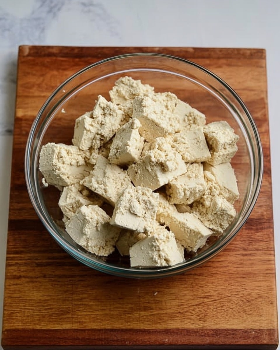 A clear glass bowl filled with many large, uneven chunks of light beige tofu sits on a wooden cutting board. The tofu pieces have a crumbly, rough texture and are piled up inside the bowl, showing their irregular shapes and slightly grainy surface. The scene is set on a white marbled surface that contrasts with the warm brown color of the wooden board and the pale tofu. photo taken with an iphone --ar 4:5 --v 7