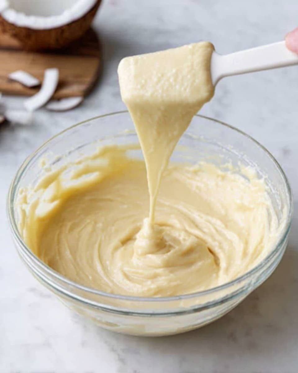 A clear glass bowl filled with thick, smooth, creamy pale yellow batter. A white spatula held by a woman's hand lifts the batter, showing its soft, silky texture as it slowly drips back into the bowl. The bowl sits on a white marbled surface with a partially visible halved coconut in the background. photo taken with an iphone --ar 4:5 --v 7