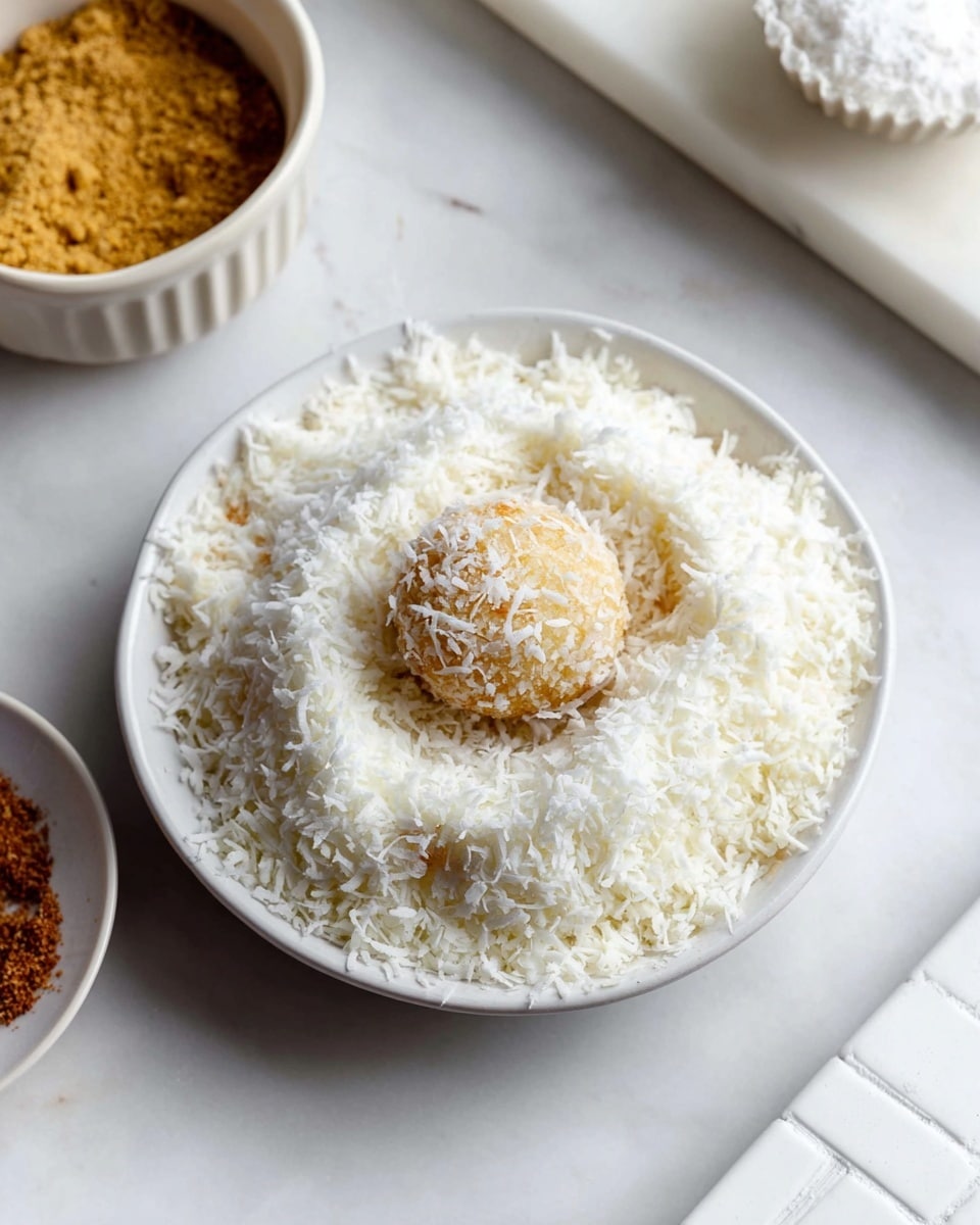 A white bowl filled with a thick layer of shredded coconut, with a small round piece coated in coconut resting in the center. To the left, there is a small white bowl holding a golden brown powder. The scene is set on a white marbled surface, with a white object partially visible at the top and a white tiled piece showing at the bottom right. The lighting is soft and natural, highlighting the textures and colors clearly. Photo taken with an iphone --ar 4:5 --v 7