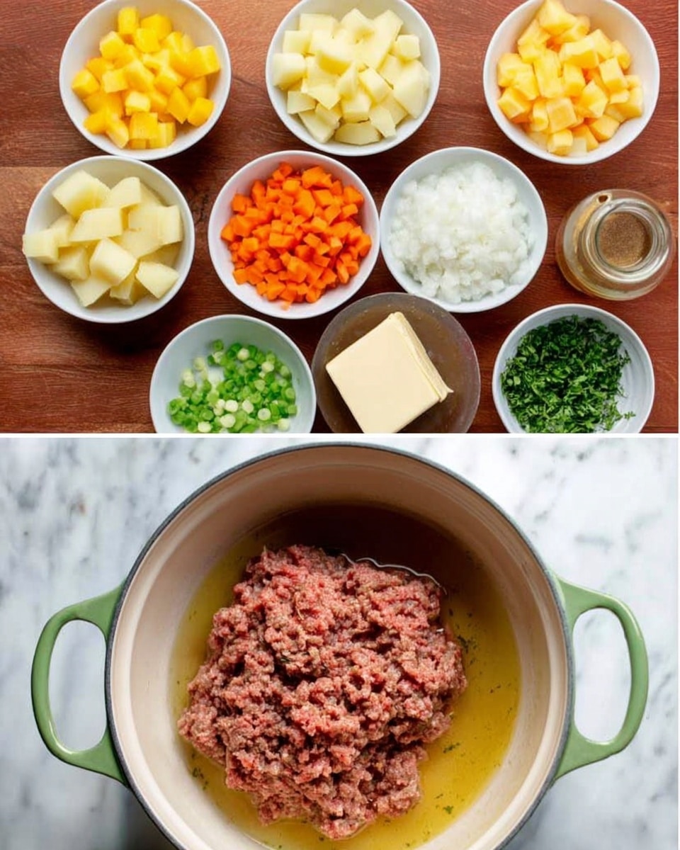 The image shows two parts: the top part has several small white bowls arranged in a grid on a wooden surface, each filled with different chopped ingredients including yellow potatoes, orange sweet potatoes, ground meat, white onions, orange carrots, green peppers, green herbs, a block of butter, and a glass of light-colored liquid with a small brown bottle nearby. The bottom part shows a white pot with green handles on a white marbled surface, filled with melted butter and a mound of raw ground meat placed in the center. photo taken with an iphone --ar 4:5 --v 7