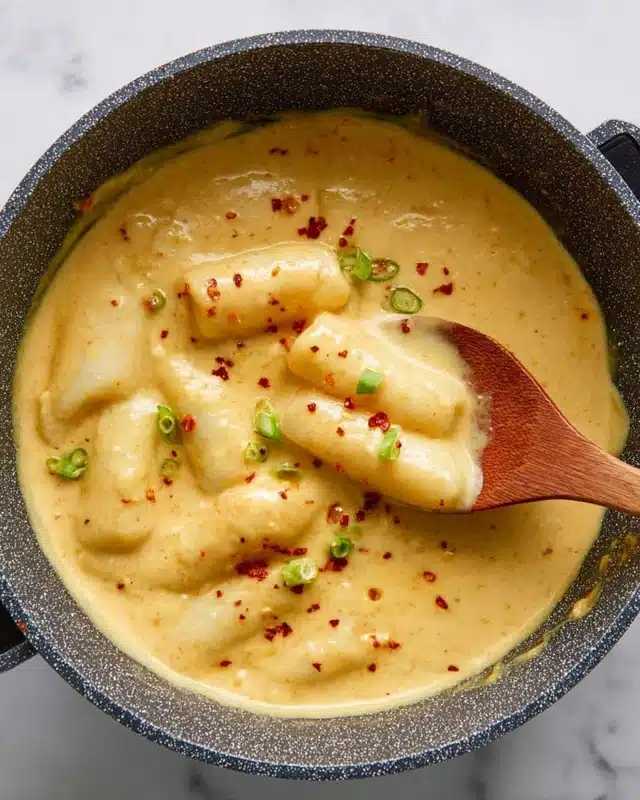 The image shows a dark grey-speckled cooking pot filled with thick, creamy yellow sauce with a smooth texture. Inside the sauce, there are several white, cylindrical rice cake pieces partly covered by the sauce. Small green onion slices and tiny red chili flakes are scattered on top, adding contrast. A wooden spoon is stirring the dish from the right side, lifting some sauce with rice cakes. The pot sits on a white marbled surface. photo taken with an iphone --ar 4:5 --v 7