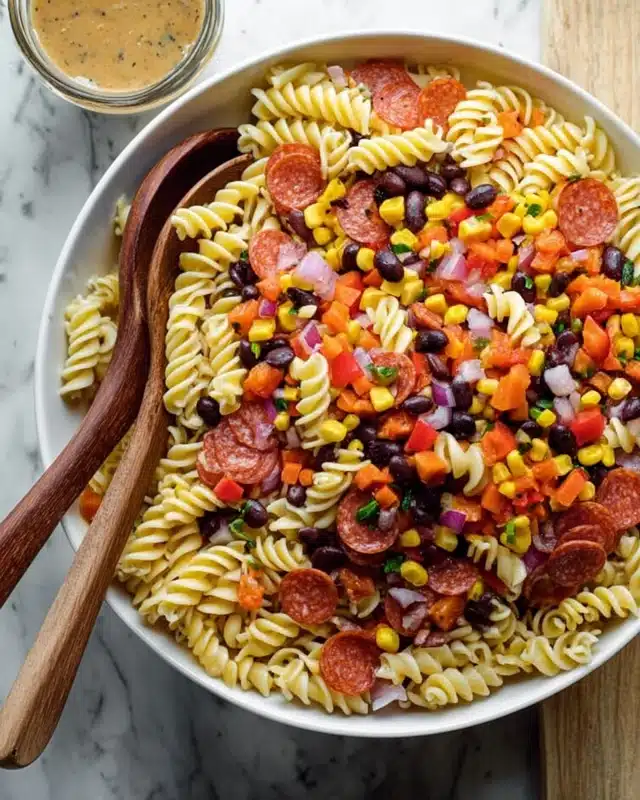 Cowboy Caviar Pasta Salad Recipe 5 A large white bowl filled with three layers: the base layer is light yellow spiral pasta, the middle layer is scattered with small orange slices of pepperoni, and the top layer is a colorful mix of bright yellow corn, black beans, chopped red and orange bell peppers, and small pieces of red onion, all mixed well. Two wooden spoons rest inside the bowl on the left side. The bowl is placed on a white marbled surface, and there is a small cup with a light brown dressing near the top left corner of the image. photo taken with an iphone --ar 4:5 --v 7