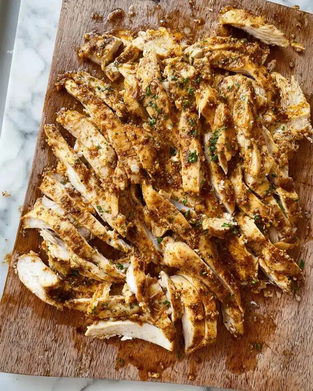 Chicken Shawarma in a Loaf Pan Recipe 5 The image shows a wooden cutting board covered with sliced cooked chicken pieces. The chicken is cut into many thin strips and some chunky pieces, all golden brown with visible herbs and spices scattered on top. The surface around the chicken is slightly messy with small bits and a light oily sauce giving the chicken a juicy look. The wood texture of the cutting board contrasts with the white marbled surface beneath it. photo taken with an iphone --ar 4:5 --v 7