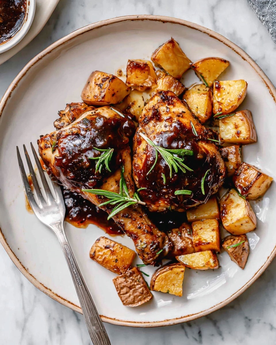 A white plate on a white marbled surface holds a meal with two main layers: at the bottom, golden-brown roasted potato chunks scattered mostly to the right side, and on top, two pieces of chicken covered in a shiny, dark brown sauce. Small green rosemary sprigs are placed on the chicken, adding a fresh touch. A silver fork rests diagonally near the chicken on the left side of the plate. Photo taken with an iphone --ar 4:5 --v 7