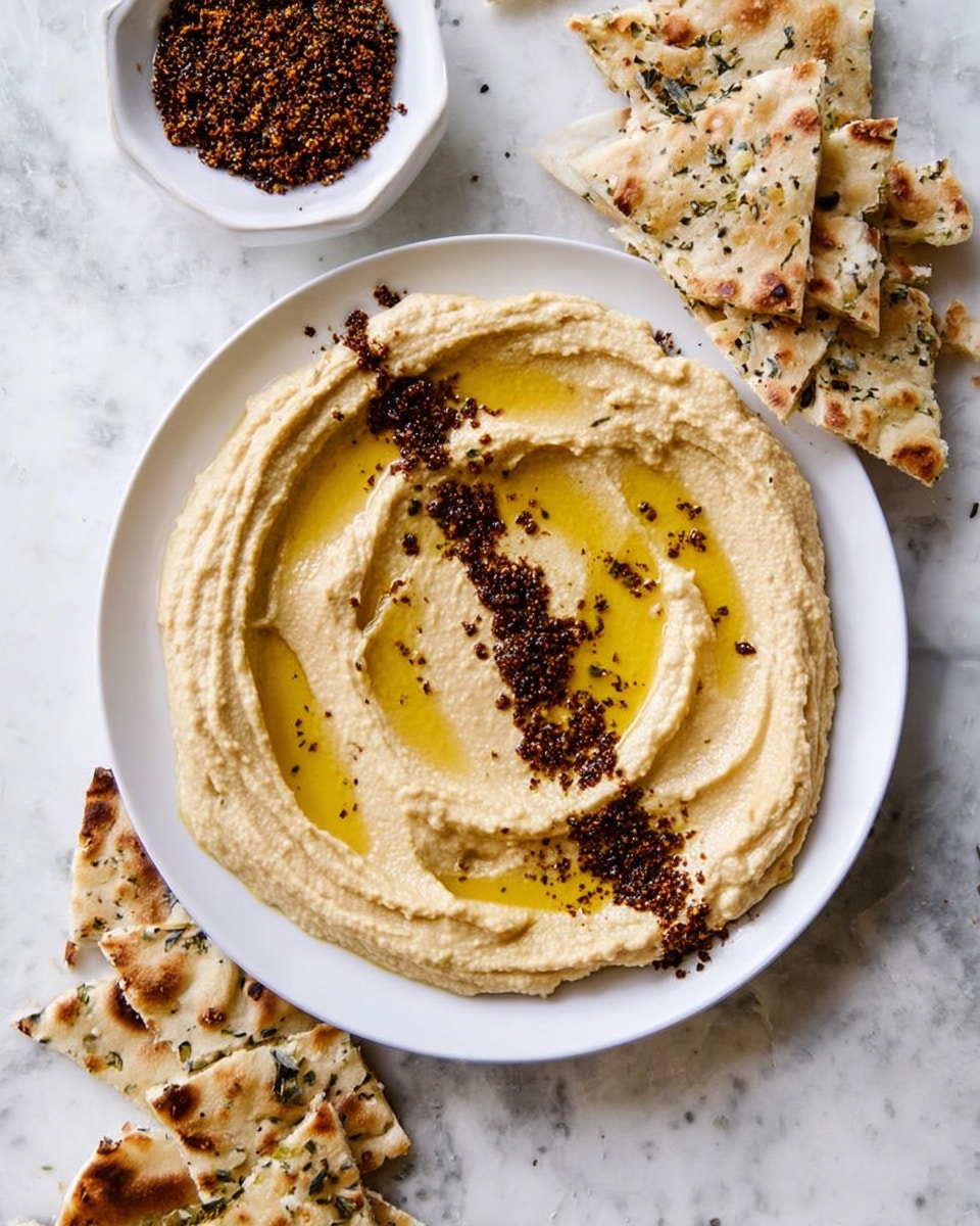 A white plate filled with creamy hummus spread smoothly in circular layers, with a drizzle of golden olive oil pooling in the center and thin swirls across the surface. A line of dark, crumbled spices runs down the middle from top to bottom, adding texture and contrast. Around the plate on a white marbled surface, there are broken pieces of flatbread with visible herbs and char marks, arranged casually. A small white bowl filled with more crumbled spices is placed near the top left corner. Photo taken with an iphone --ar 4:5 --v 7