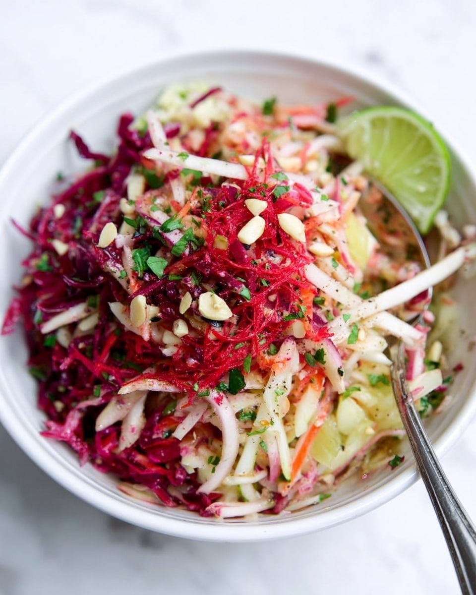 A clear white bowl filled with a colorful layered salad sits on a white marbled surface. The bottom layer shows thin, long strips of white and pink vegetables, topped with bright red shredded pieces. Scattered on the top are small pale seeds and chopped green herbs. A silver spoon is partially inside the bowl, leaning against the side, and a lime wedge is placed at the back edge of the bowl. The salad has a fresh, mixed texture with a bright and vibrant look. Photo taken with an iphone --ar 4:5 --v 7