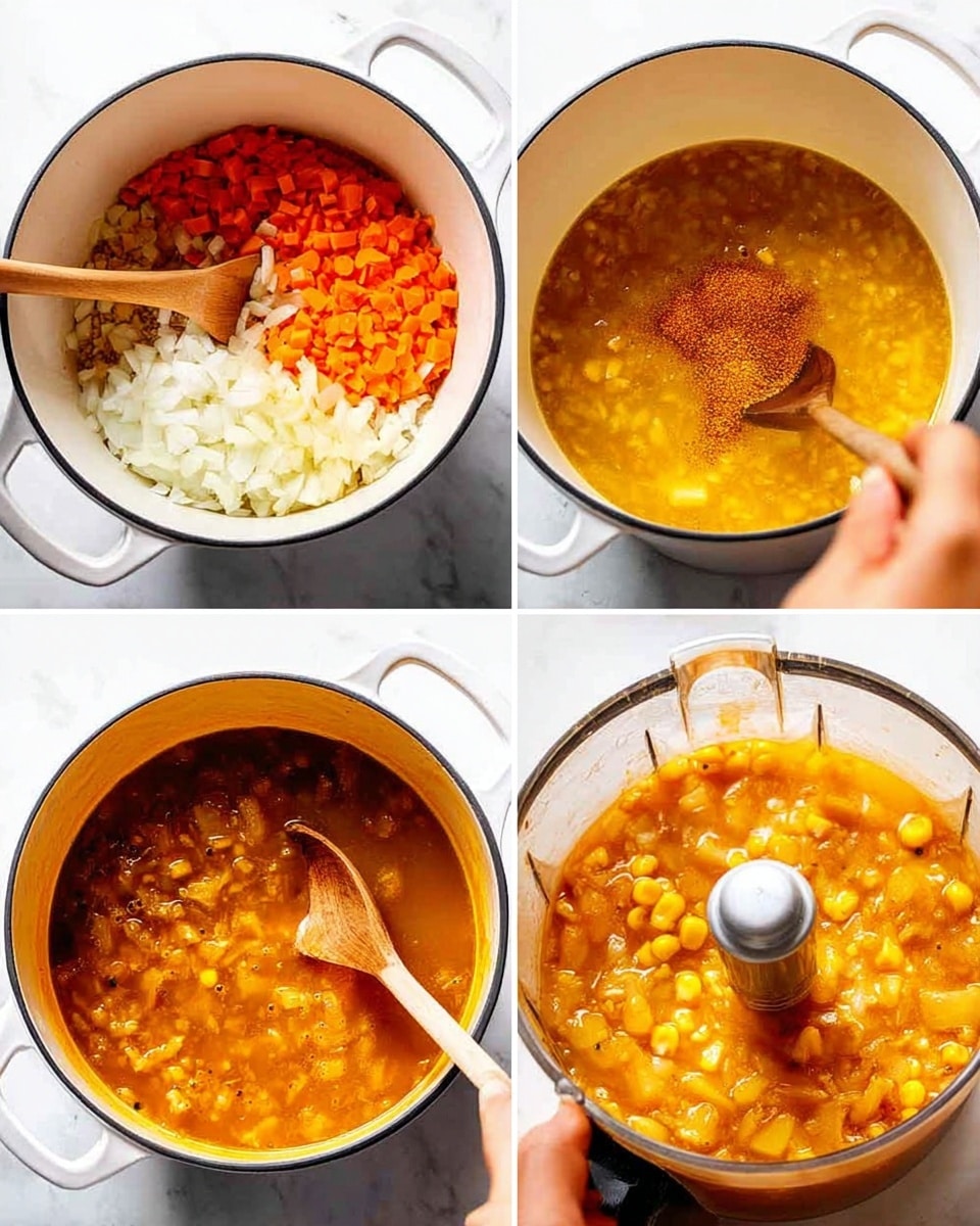 The four images show a white pot with black rim on a white marbled surface, used to make a thick soup. First, the pot holds chopped orange carrots, white onions, and a white minced ingredient being stirred with a wooden spoon held by a woman's hand. Next, the pot contains a yellow-orange liquid with corn kernels, red spices, and brown powder on top, stirred again with the wooden spoon. In the third image, the pot is covered with a white lid held by a woman's hand, steam and bubbles are visible around the edges. The last image features the soup inside the pot being blended with a silver immersion blender, showing a thick orange mixture with chunks of corn and vegetables. Photo taken with an iphone --ar 4:5 --v 7