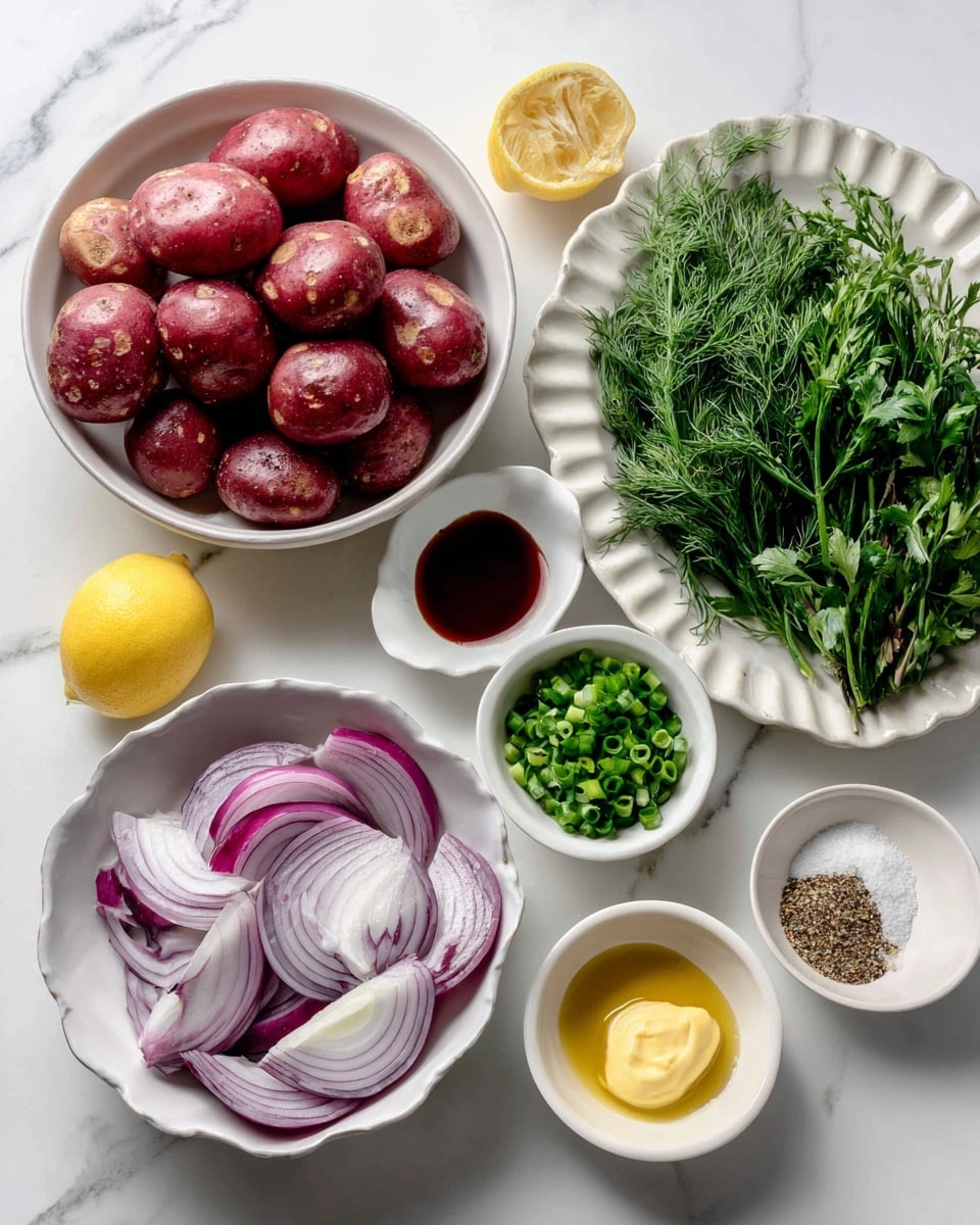 A collection of ingredients is arranged neatly on a white marbled surface. On the top left, a white bowl is filled with several whole red potatoes that have small spots. Below it, a scalloped white bowl holds chopped green scallions. To the right of the potatoes, a large white scalloped bowl contains bunches of fresh green parsley, dill, and thyme placed side by side. On the bottom right, another scalloped white bowl shows thinly sliced rings of purple onion forming overlapping layers. In the middle area, a whole yellow lemon sits on the left, with a small white bowl of dark red liquid (red wine vinegar) beside it. Below are three small white bowls: Dijon mustard with a smooth yellow texture on the left, salt and pepper mix in the center, and shiny golden olive oil on the right. The overall setup is clean and well spaced. photo taken with an iphone --ar 4:5 --v 7