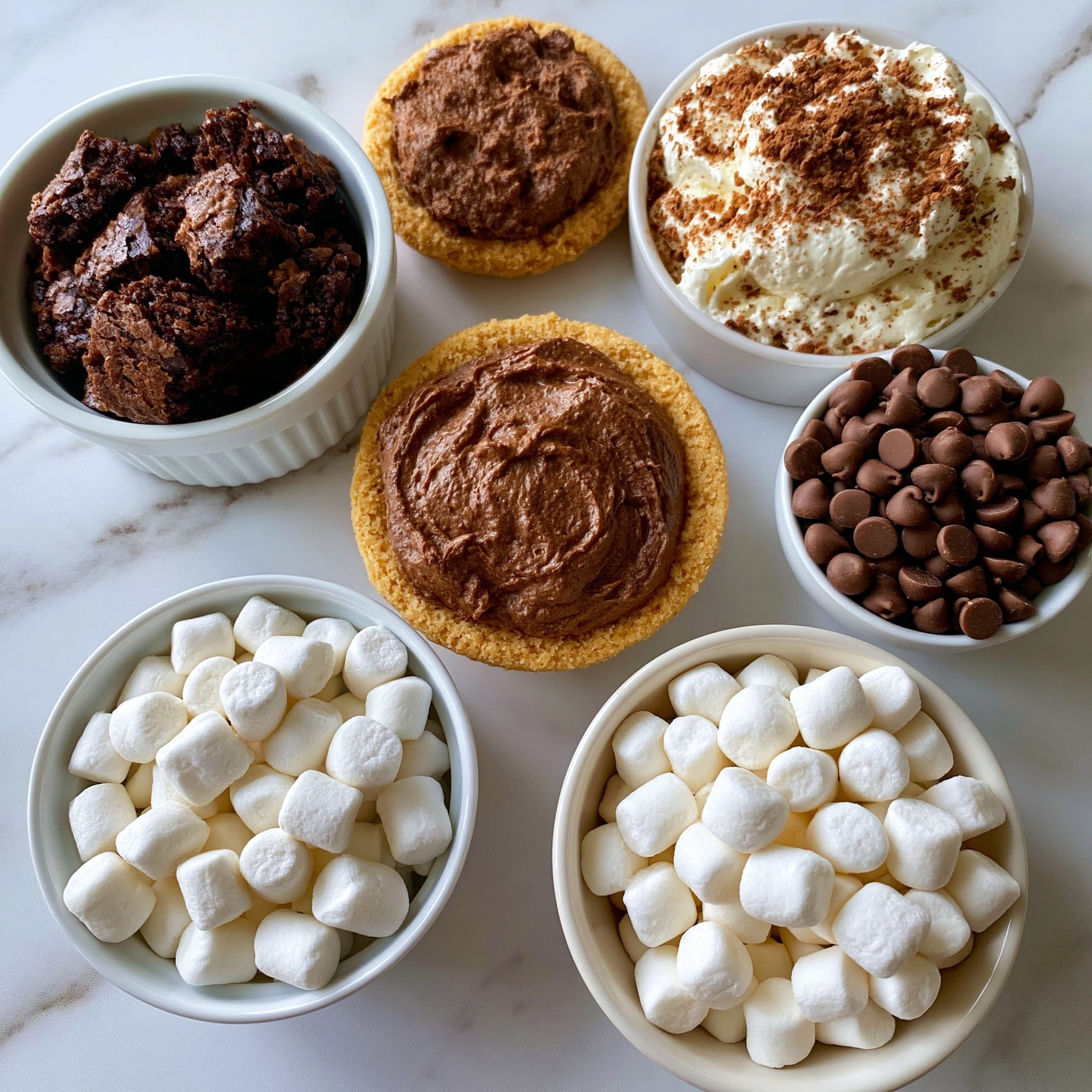 The image shows a round mini pie in a silver foil cup placed on a wooden board with a white marbled surface underneath. The pie has three visible layers: a light brown crumbly crust on the outside, a thick dark brown chocolate layer filling the middle, and a topping of melted white marshmallows forming a flower shape with small chocolate chips embedded in the chocolate layer between the marshmallows. Crushed light brown cracker crumbs are scattered on top of the marshmallows and around the board. Photo taken with an iphone --ar 4:5 --v 7