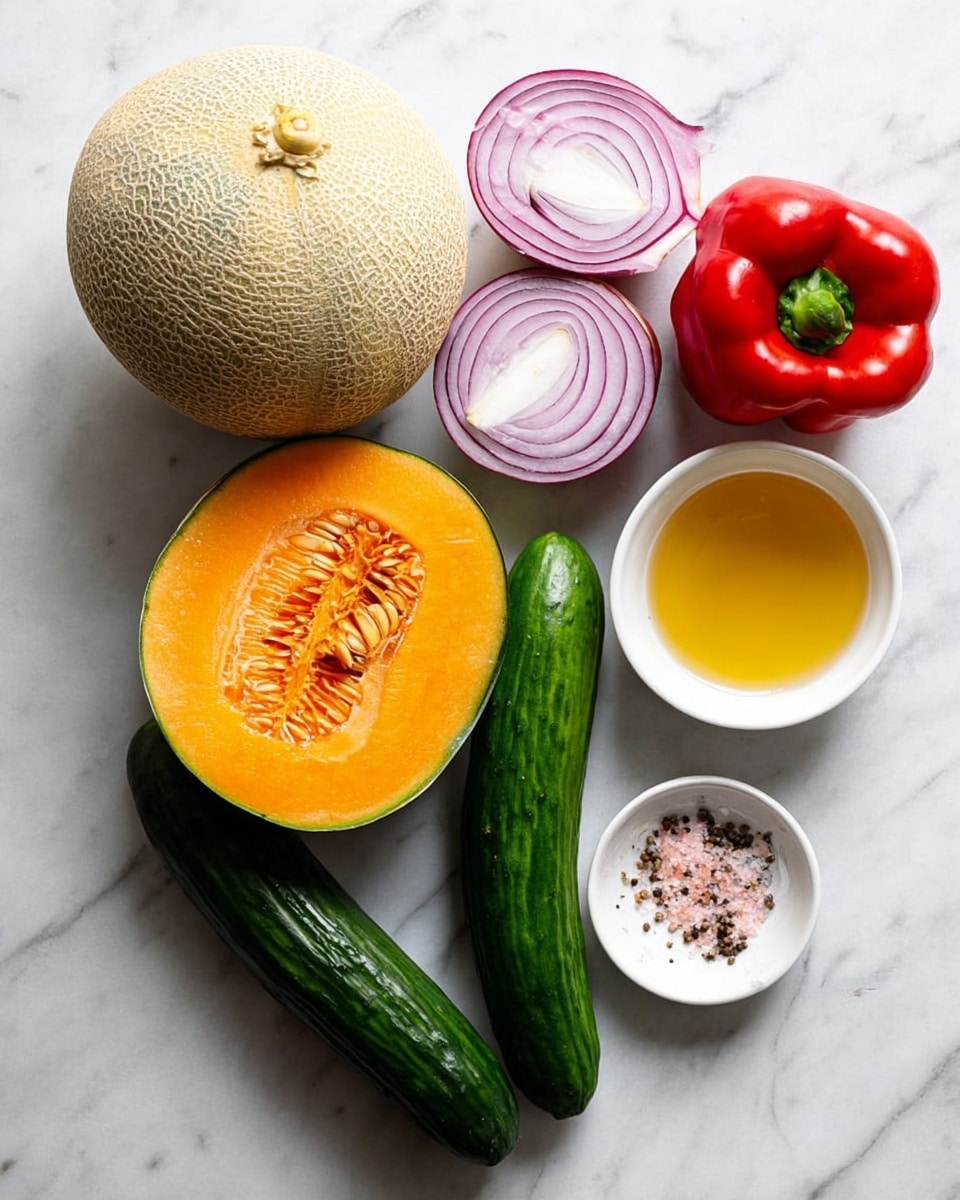 The image shows fresh ingredients laid out on a white marbled surface, including a whole cantaloupe melon with rough tan skin and light green veins, a half cantaloupe showing bright orange flesh and seeds, a whole dark green cucumber with a bumpy texture, two halves of a purple-red onion revealing white and purple layers inside, a whole red bell pepper with a shiny smooth surface, a small white bowl filled with clear golden liquid, and a small white plate holding pink salt and black pepper. The colors are bright and fresh, with a natural, clean look. Photo taken with an iphone --ar 4:5 --v 7