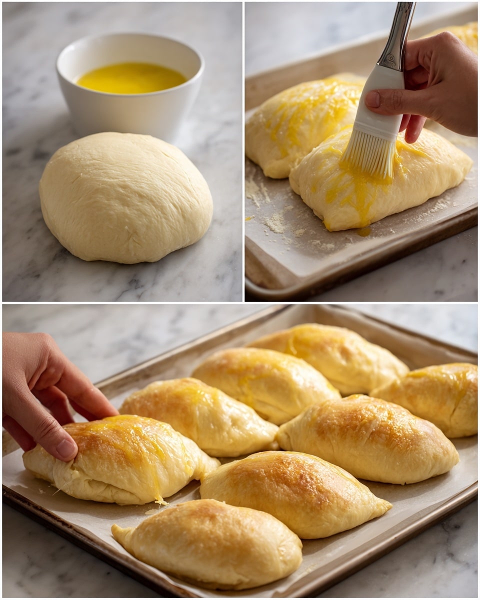 The image shows a step-by-step process of preparing dough on a white marbled surface. In the first part, a round piece of rolled dough is near a small white bowl with a brush dipped in yellow liquid, likely egg wash. The second part shows the dough with the yellow liquid brushed evenly across its surface. The third part captures a woman's hand folding the dough in half. The final section shows multiple folded dough pieces arranged neatly on a baking tray lined with parchment paper. The dough pieces are light golden in color, smooth, and evenly shaped. Photo taken with an iphone --ar 4:5 --v 7
