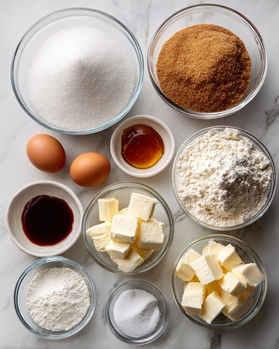 The image shows various clear bowls placed on a white marbled surface, each holding a different baking ingredient. Starting from the top left corner, there is a large bowl filled with white sugar, just below it a bowl with brown sugar, and next to the sugars, a small white bowl with amber-colored vanilla extract. Below the vanilla is a white bowl with two cracked eggs, and beside that, a small clear bowl with salt. On the right side of the image, there are three clear bowls stacked vertically: the top bowl contains white all-purpose flour, the middle has smaller white cake flour, and the bottom holds white cubed butter in a bowl with a slightly creamy hue. Near the center, arranged side by side in small clear bowls, are white baking powder, a white powder labeled cornstarch, and white baking soda. The labels with black text on light pink backgrounds identify each ingredient. Photo taken with an iphone --ar 4:5 --v 7