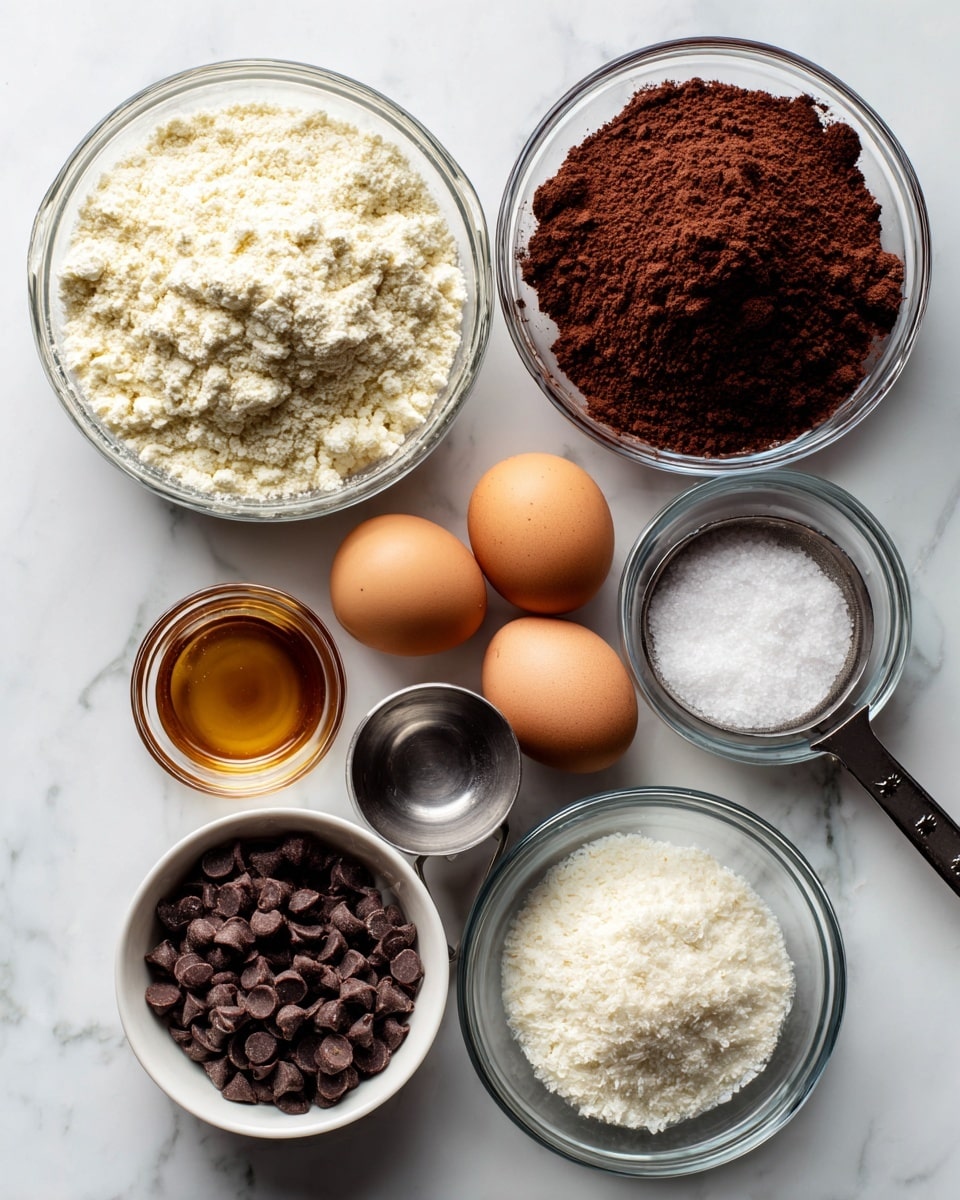 Seven clear glass bowls and one metal measuring cup are arranged over a white marbled texture. The top left bowl contains light off-white coconut flour, with a soft, powdery texture. To its right is a bowl filled with dark brown cacao powder, finely sifted and smooth. Below the coconut flour, there are two whole brown eggs resting in a clear glass bowl. Next to the eggs is a small bowl filled with a shiny golden maple syrup. Below the cacao powder and maple syrup, a white bowl contains dark brown chocolate chips in small circular shapes, dense and glossy. Near the center, a silver metal measuring cup is empty with a black handle. At the bottom right, a small clear glass bowl holds white baking soda and salt in fine powder form. All bowls are placed neatly with neat labels pointing to each ingredient. photo taken with an iphone --ar 4:5 --v 7