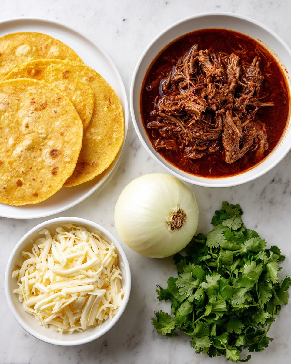 The image shows several white bowls and a plate arranged on a white marbled surface. At the top left is a white plate with three yellow tortillas stacked flat with visible texture lines. To the right is a white bowl filled with dark red beef birria stew, with shredded beef pieces in a thick broth layer. Below the tortillas is a whole white onion with smooth skin. Below the beef birria bowl is a white bowl filled with shredded, pale cream-colored Oaxacan cheese. At the bottom right, there is a bunch of fresh green cilantro with leafy stems spread out. The overall look is clean and organized, with each ingredient clearly separated. photo taken with an iphone --ar 4:5 --v 7