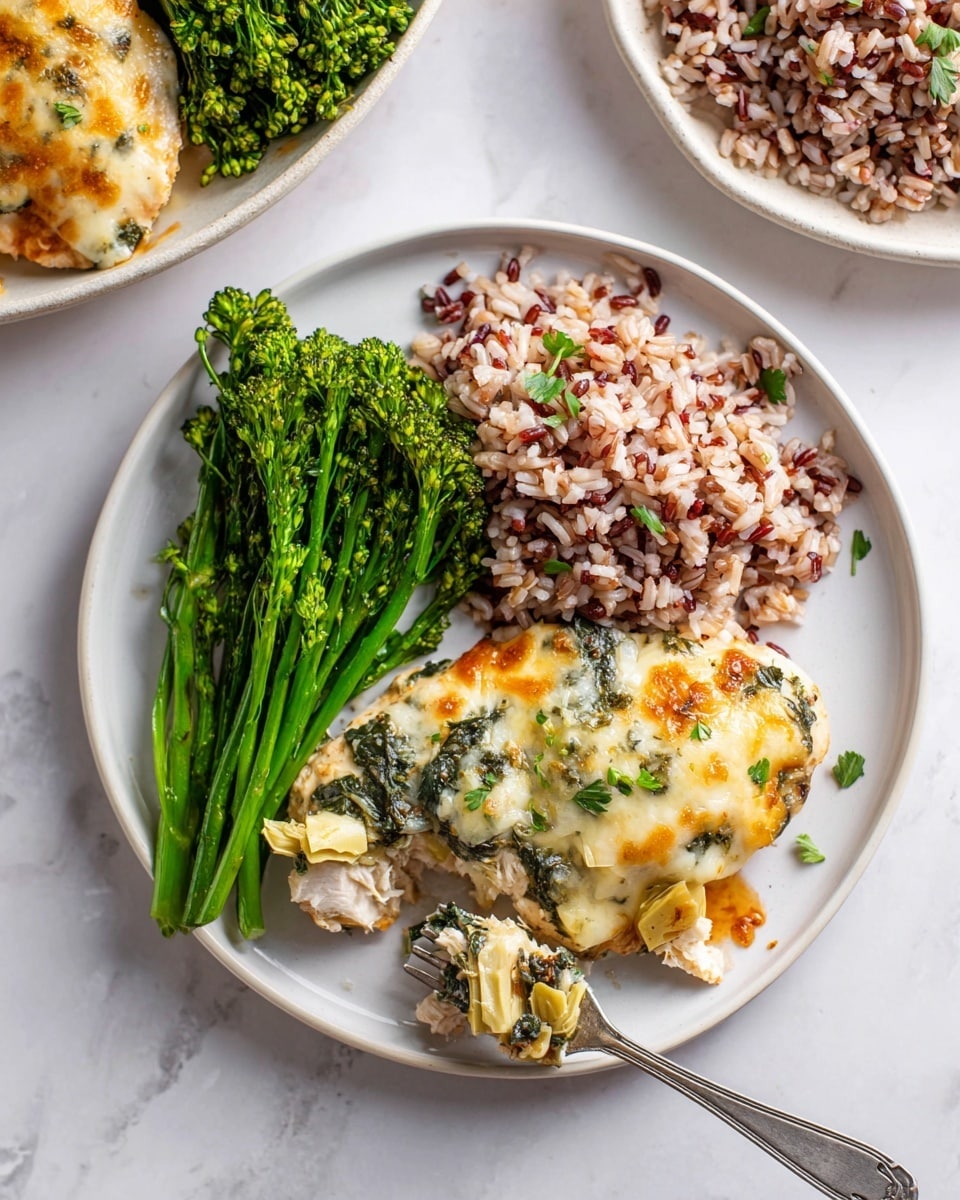 A white plate on a white marbled surface holds three main parts: on the left, a green bunch of steamed broccolini with small florets and firm stems; next to it, a mound of mixed wild and brown rice showing soft, plump grains in pale pinkish and dark brown colors; on the right, a piece of baked chicken covered with two thick layers – the base is white chicken meat and the top layer is melted cheese mixed with small green spinach leaves and light yellow artichoke pieces, browned slightly on top for a crispy look. A silver fork rests under a piece of the chicken, lifting a bite. Photo taken with an iphone --ar 4:5 --v 7