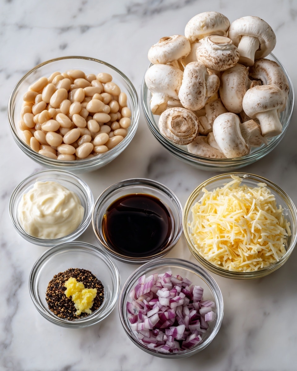 The image shows eight clear glass bowls placed on a white marbled surface. The largest bowl at the back center holds many whole white mushrooms with brown gills. To its left is a slightly smaller bowl filled with light cream-colored beans. In front, from left to right, there are smaller bowls containing white creamy sauce, chopped purple onions, dark soy sauce with a small yellow piece in it, mixed black and white seasoning, shredded pale yellow cheese, and finely chopped light yellow ginger. The bowls are arranged neatly in a semi-circle. photo taken with an iphone --ar 4:5 --v 7