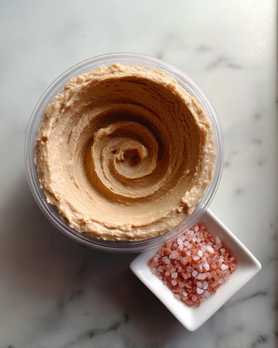 A round white bowl filled with smooth light brown creamy spread swirled in a spiral pattern with a hollow center, placed on a white marbled surface. Next to it, a small square white bowl holds coarse pink salt crystals. The scene is lit softly from above, showing the texture and color contrast of the spread and salt clearly. photo taken with an iphone --ar 4:5 --v 7