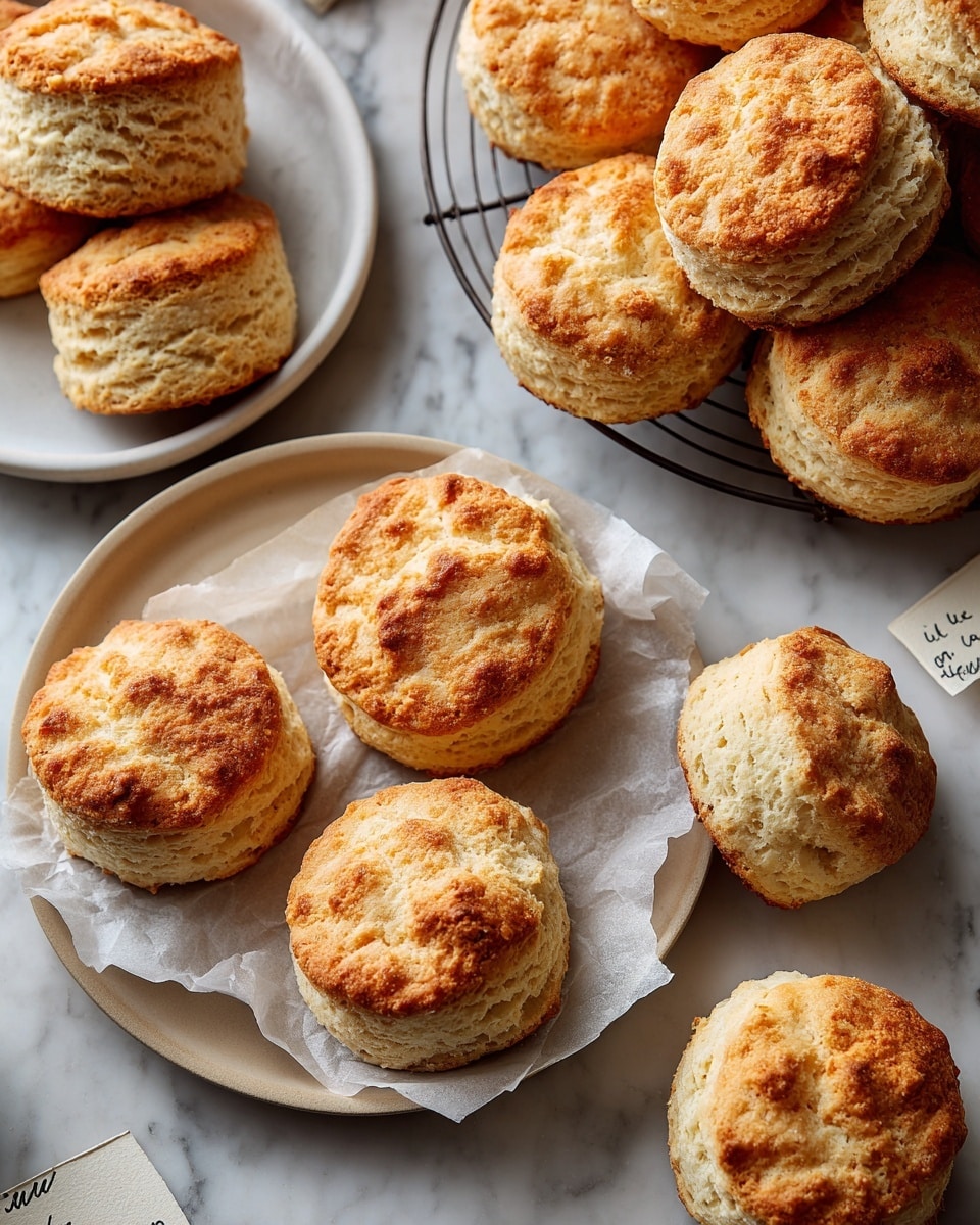 The image shows several round biscuits with a golden brown top and a soft, light beige bottom. The biscuits have a slightly rough texture with cracked tops, arranged in two different views; one close-up view shows five biscuits spaced out on white parchment paper, while the other view shows many biscuits on different cooling racks and a white bowl, all placed on a white marbled surface. Some biscuits are stacked in a small group. There are small pieces of paper with handwritten notes near the biscuits. The overall look is warm and fresh, with the biscuits appearing fluffy and well-baked. Photo taken with an iphone --ar 4:5 --v 7