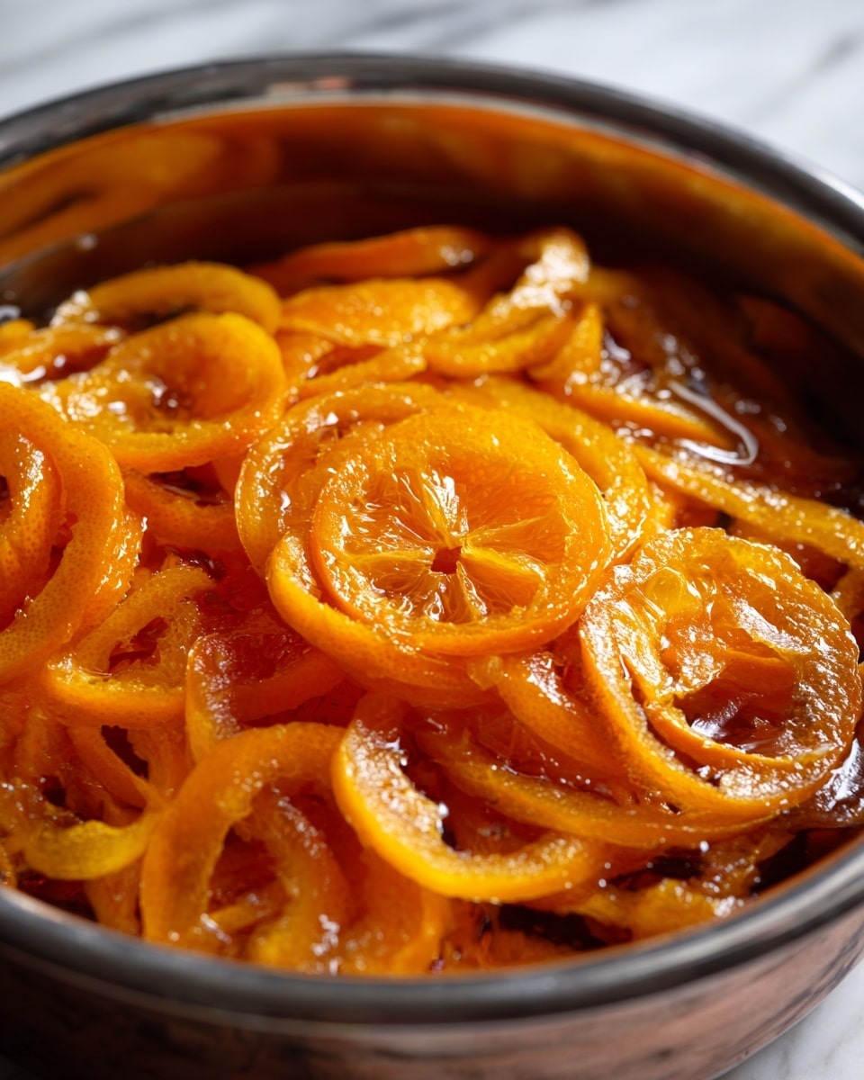 A close-up image shows bright orange peel strips soaking in a silver pot filled with clear liquid. The orange peels are thinly sliced, with a shiny, slightly wet texture, and they form overlapping, circular layers floating in the liquid. The pot’s metallic surface is smooth and reflective, with soft light highlighting the inside edges. The background is a white marbled texture. photo taken with an iphone --ar 4:5 --v 7