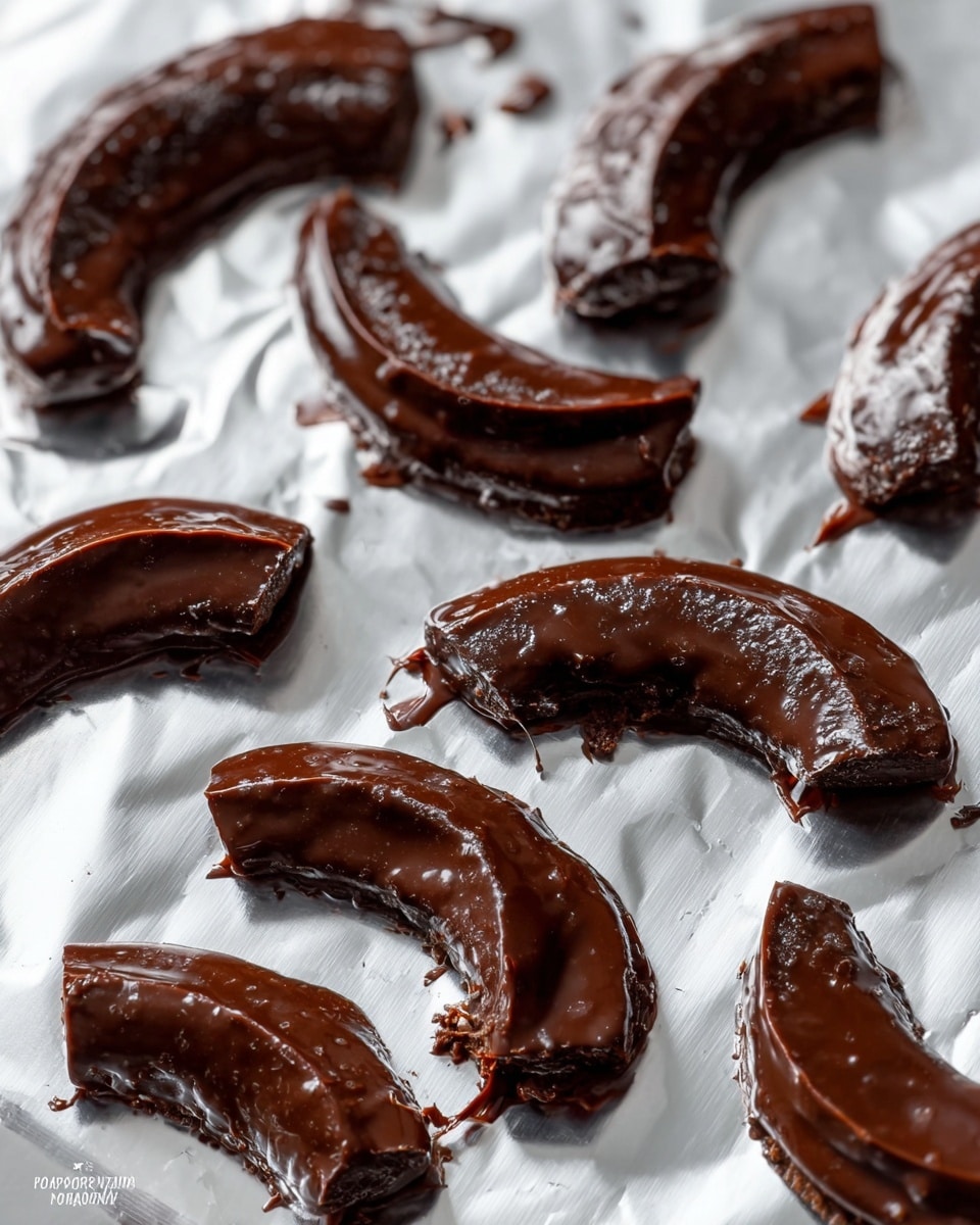 Several curved pieces of chocolate-covered food are arranged on a shiny silver foil. Each piece is thickly coated in smooth, glossy dark chocolate with a slightly uneven texture on top. The pieces vary in size, and they are placed loosely and spaced apart on the foil. The background underneath the foil is a white marbled texture. The image has a close-up, focused look showing the shiny chocolate and the foil’s reflective surface. photo taken with an iphone --ar 4:5 --v 7