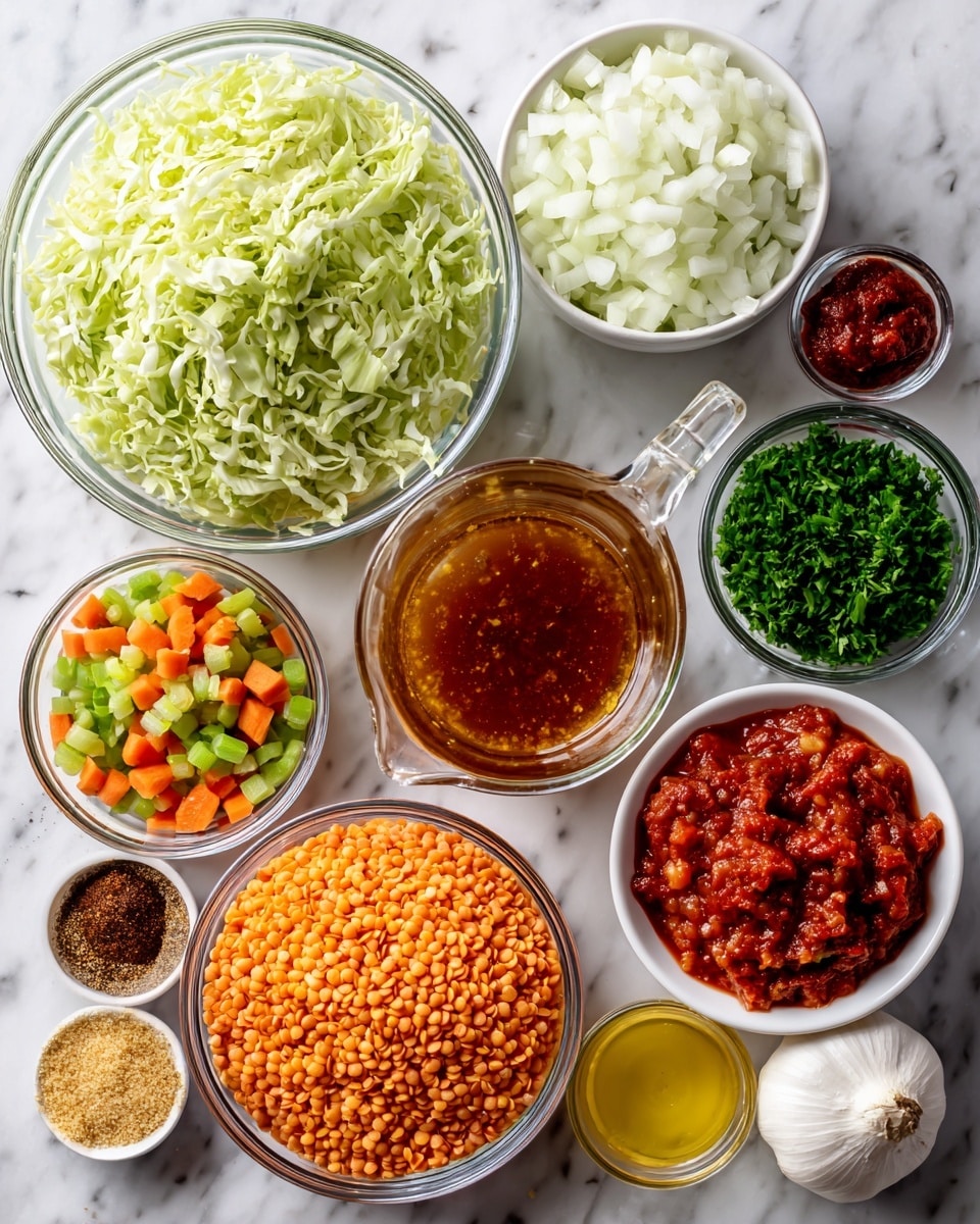 The image shows a top view of several white bowls and clear glass jars arranged on a white marbled surface. At the top left, there is a large clear bowl filled with shredded pale green cabbage. To the right, a white bowl full of finely chopped white onions is placed. In the center is a clear glass measuring cup containing amber-colored vegetable broth. Around these, there are smaller clear jars and white dishes holding bright orange diced carrots, chopped light green celery, vibrant green chopped parsley, a small white bowl with mixed brown and red spices, another white bowl with a deep red scoop of tomato paste, and a white bowl filled with chunky red fire roasted tomatoes. Below the jars, there is a mound of orange-red lentils in a clear glass jar next to a small clear glass container holding yellow lemon zest and juice. A whole white garlic bulb rests on the surface near the bottom right. The spread is neatly organized to showcase each ingredient clearly. photo taken with an iphone --ar 4:5 --v 7